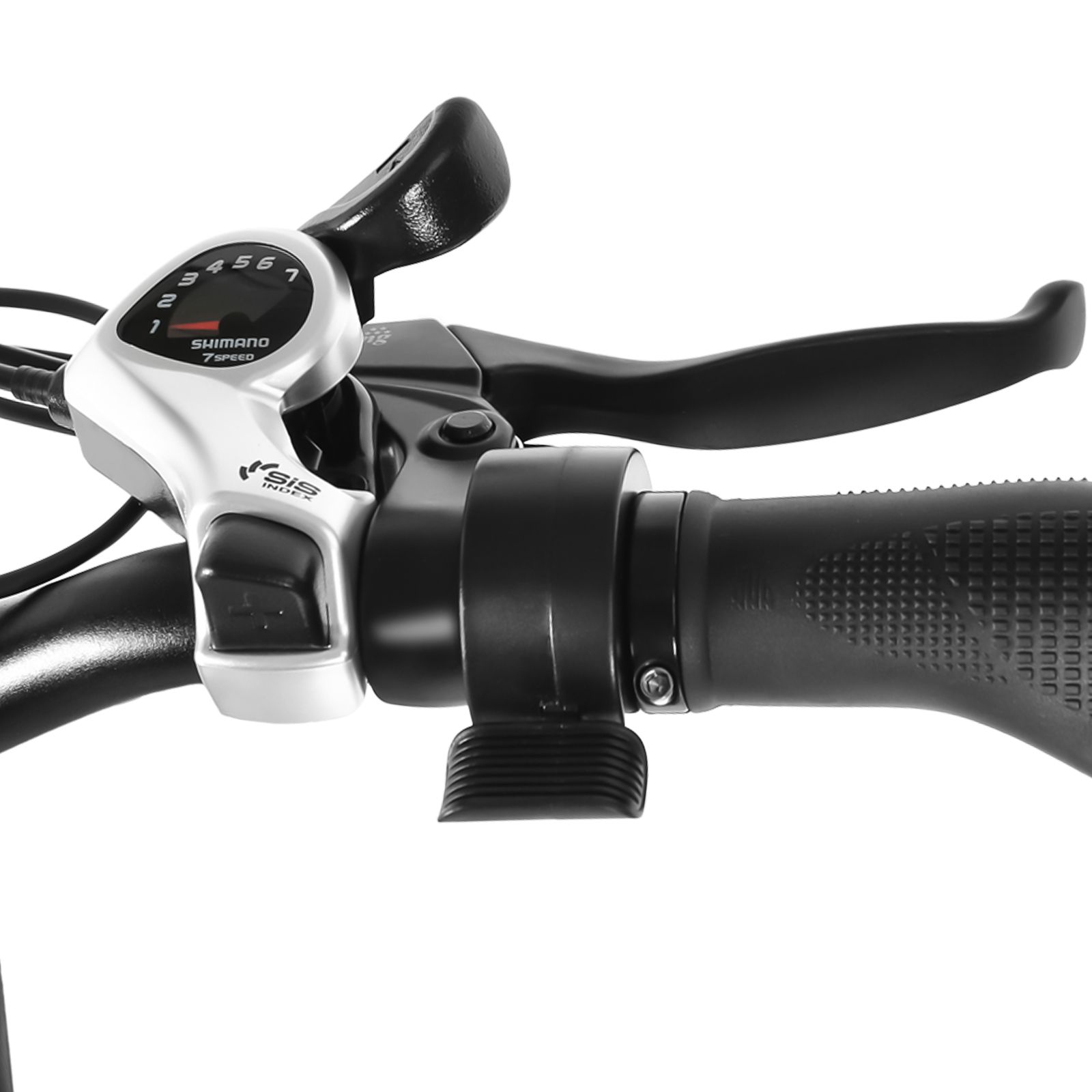 Nahaufnahme des Lenkers eines E-Bikes. Schwarze Griffe, silberne Schaltung, Bremshebel. Marke Shimano.