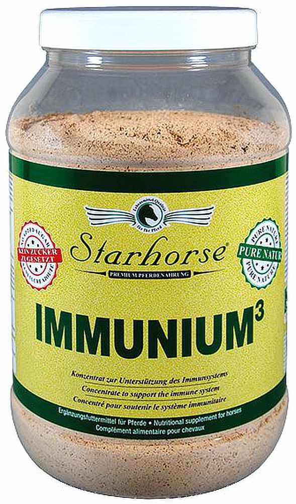 Glasbehälter mit Starhorse Immunium. Gelbes Etikett mit Produktnamen und Text.
