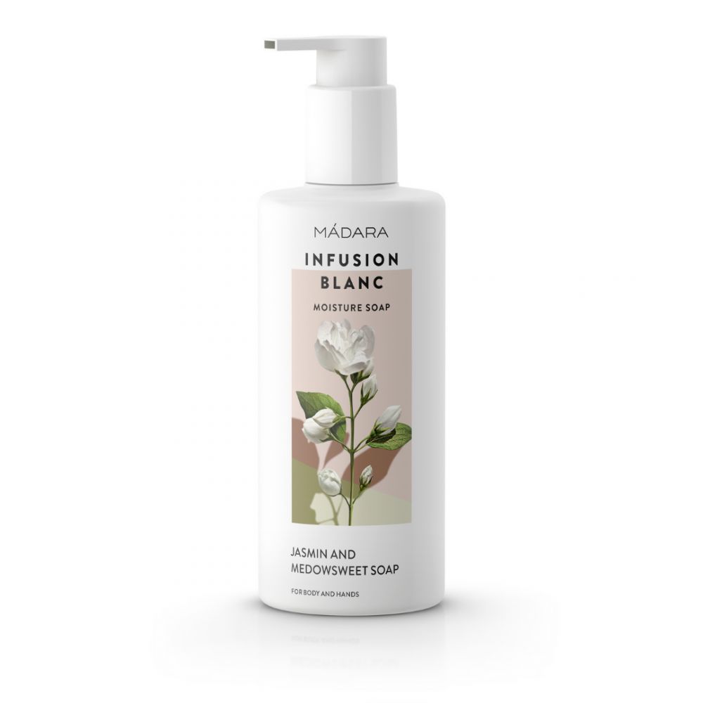 Weiße Flasche mit Pumpe. Aufschrift: MÁDARA, INFUSION BLANC, Moisture Soap. Abbildung: weiße Blume. Text: Jasmin und Mädesüß Seife.