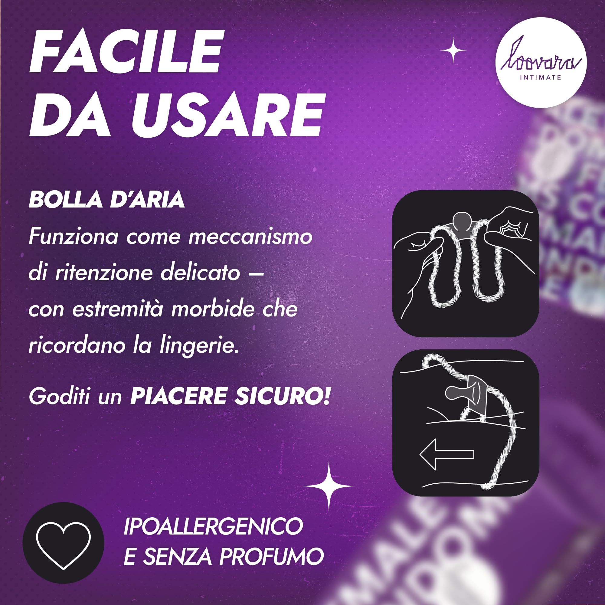 Lila Verpackung mit "FEMALE CONDOMS" und einem Kondom, "MASSIMA SICUREZZA" (maximale Sicherheit), "PRODOTTO MEDICO" (Medizinprodukt).