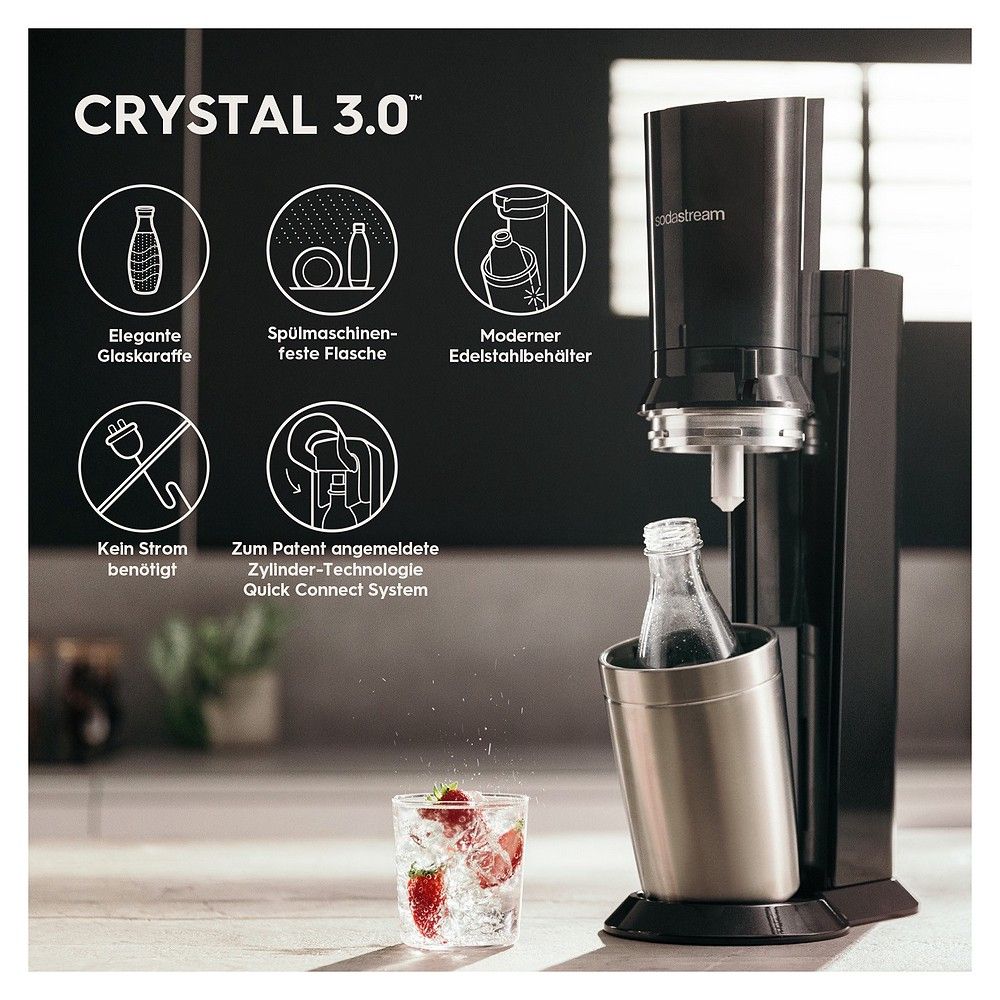 SodaStream Crystal 3.0 Titan Wassersprudler mit QC CO2-Zylinder und 3x Glaskaraffe