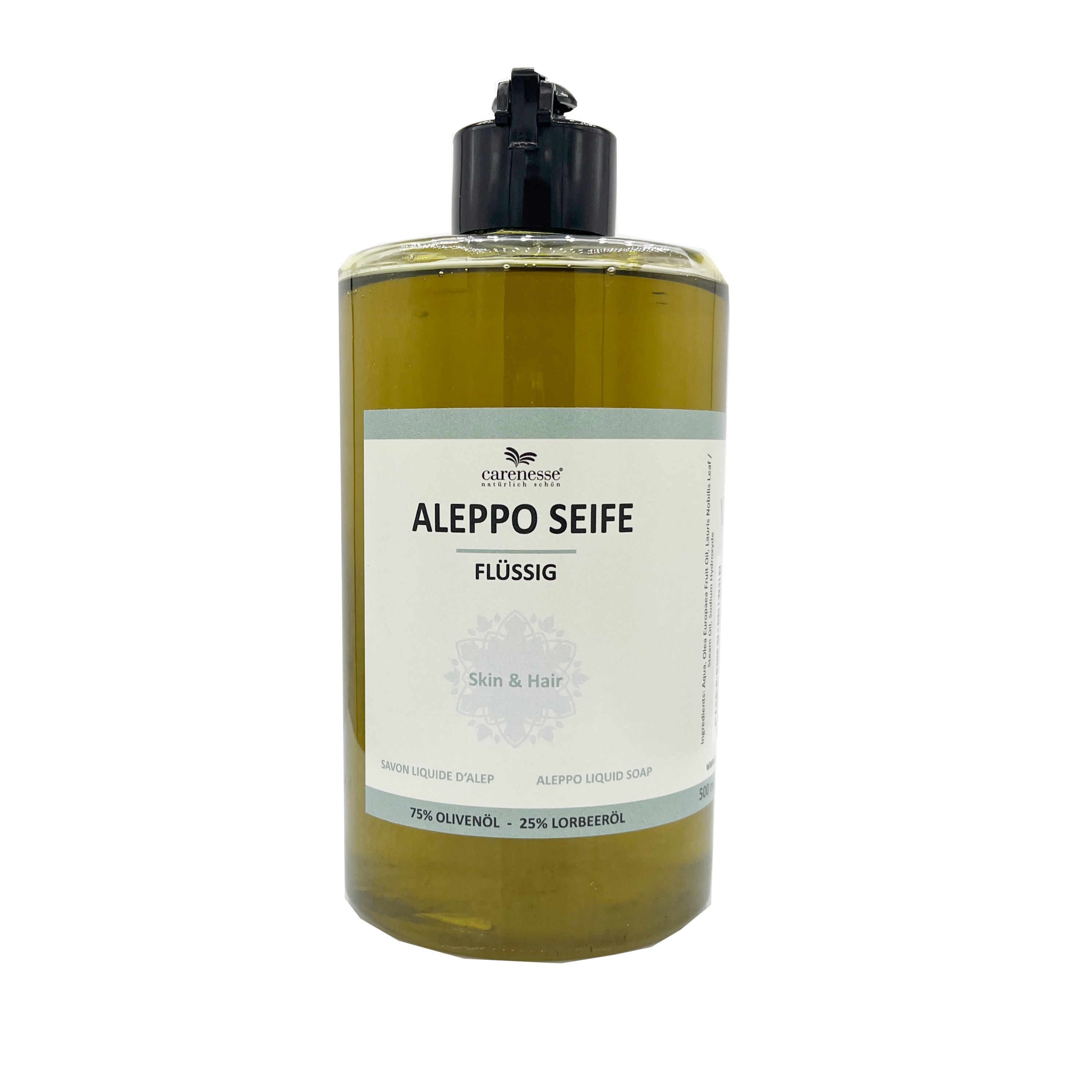 Flüssigseife in einer transparenten Flasche mit schwarzem Pumpverschluss. Aufschrift: Aleppo Seife, Skin & Hair, 75% Olivenöl, 25% Lorbeeröl.