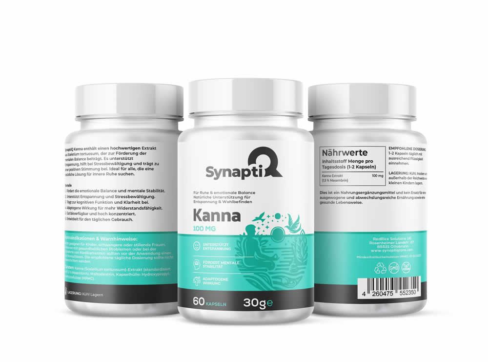 Drei weiße Pillenfläschchen mit grünem Etikett. Aufschrift: SynaptiQ Kanna 300 PRO. 60 Kapseln, 30g.