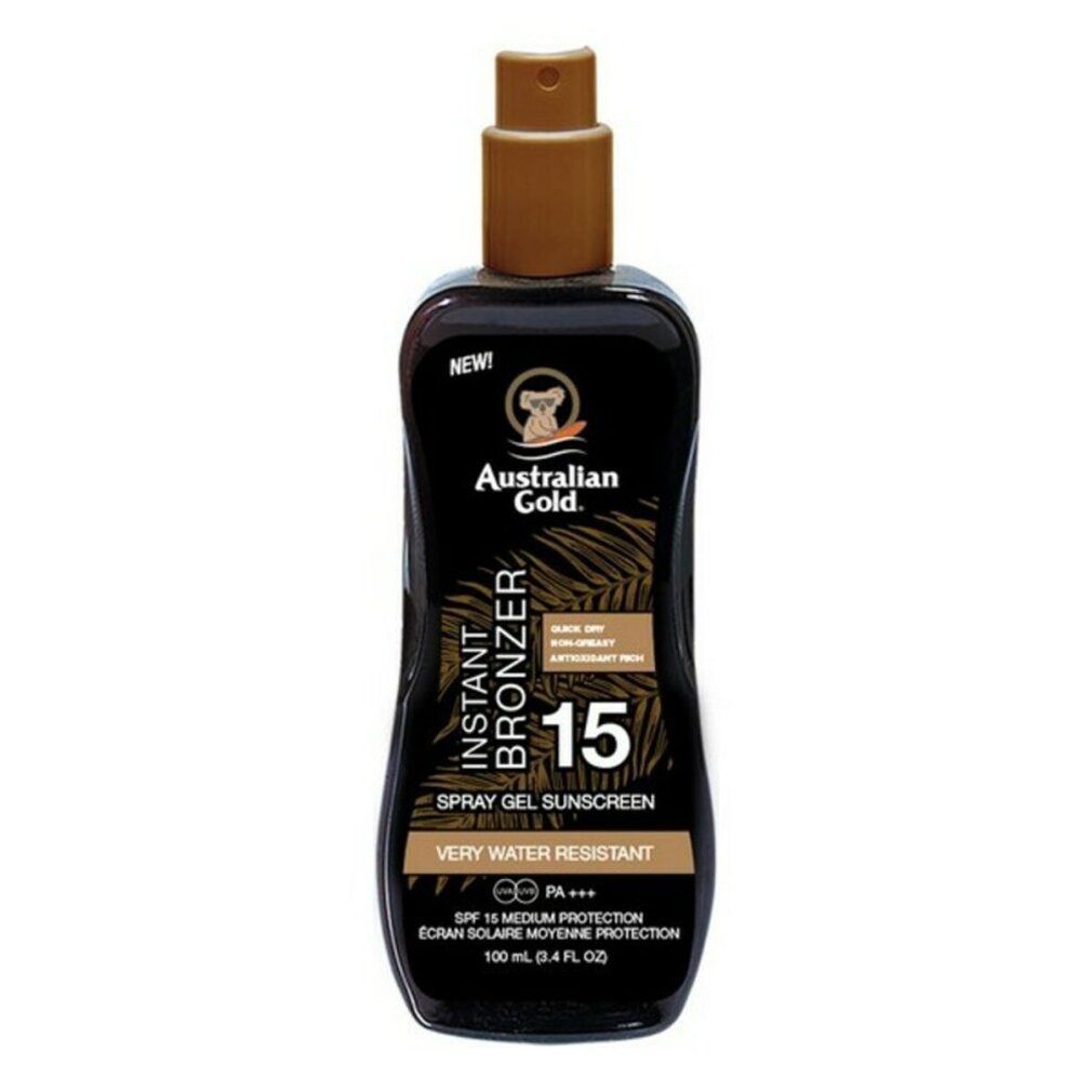 Schwarze Flasche mit Sprühkopf. Aufschrift: Australian Gold, Instant Bronzer, 15, Spray Gel Sunscreen. Wasserfest.
