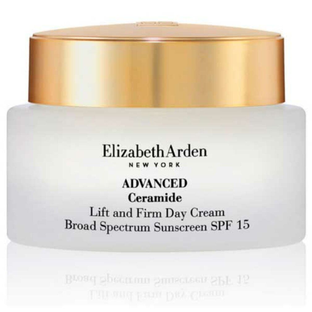 Cremebehälter mit goldfarbenem Deckel. Aufschrift: Elizabeth Arden, Advanced Ceramide, Lift and Firm Day Cream SPF 15 PA ++.