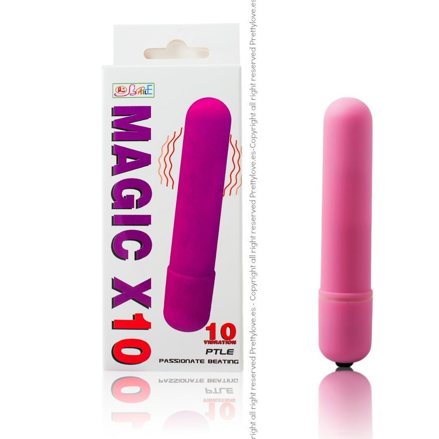 Rosa Mini-Vibrator neben Verpackung. Verpackung mit "MAGIC X10" und "10 Vibrations" Schriftzug.