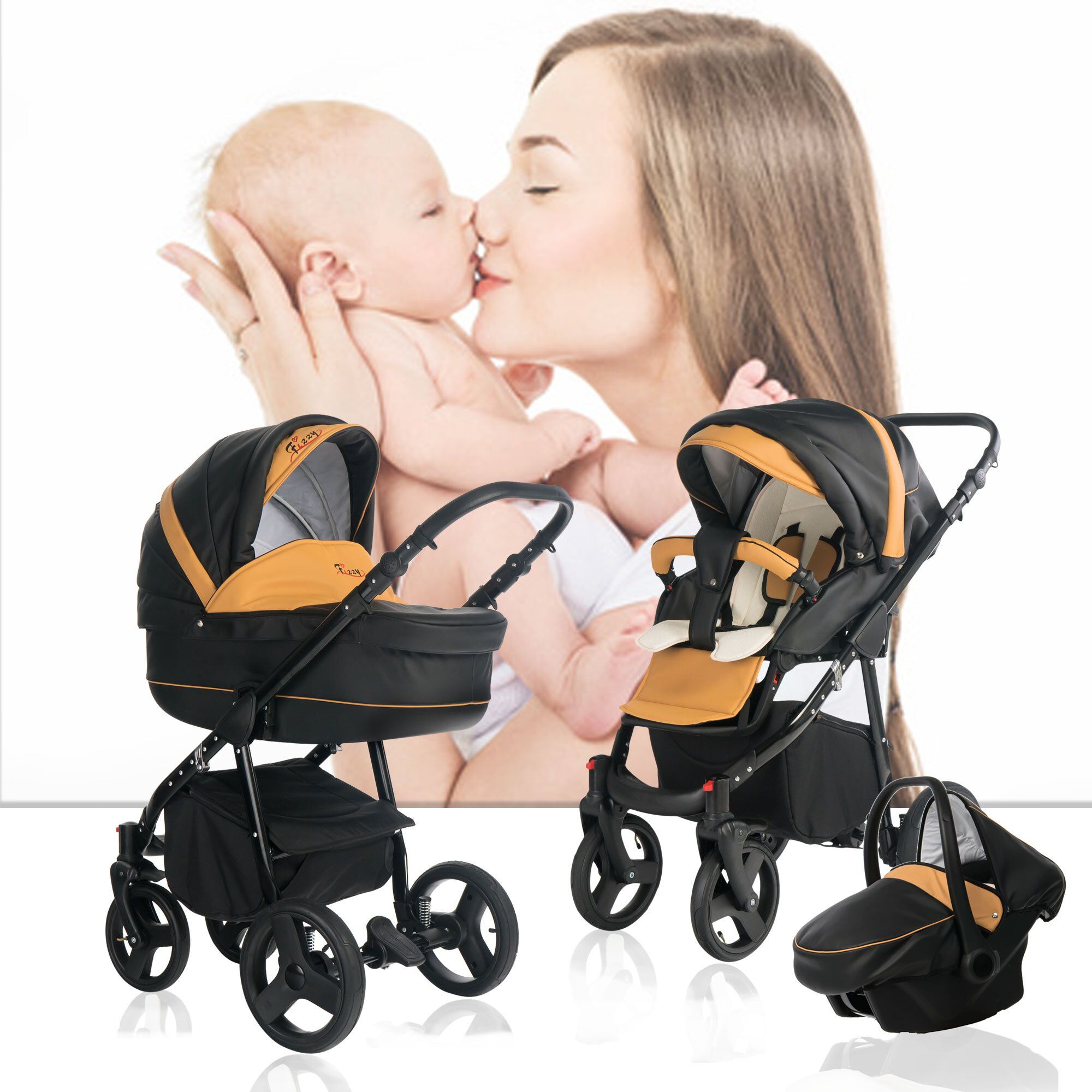 Bebebi Fizzy 3 in 1 Kinderwagen Set Luftreifen, Mango