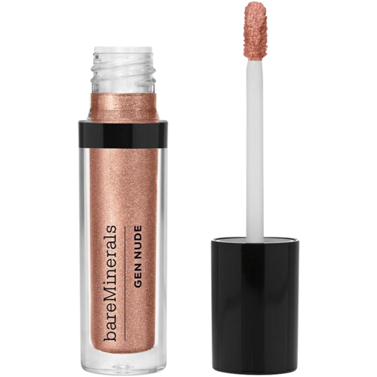 Flüssiger Lidschatten in einer Glasflasche. Der Applikator ist herausgezogen. Auf der Flasche steht "bareMinerals GEN NUDE".