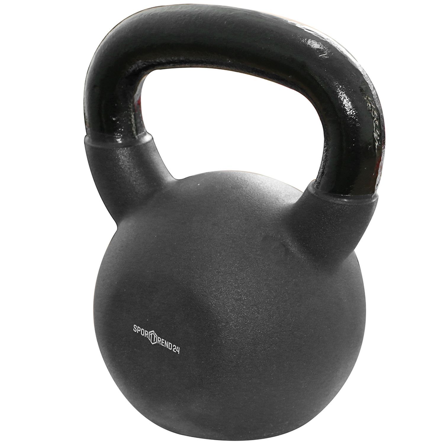 Schwarze Kettlebell mit schwarzem Griff. Sporttrend24-Logo. Kugelförmiger Körper mit Griff.