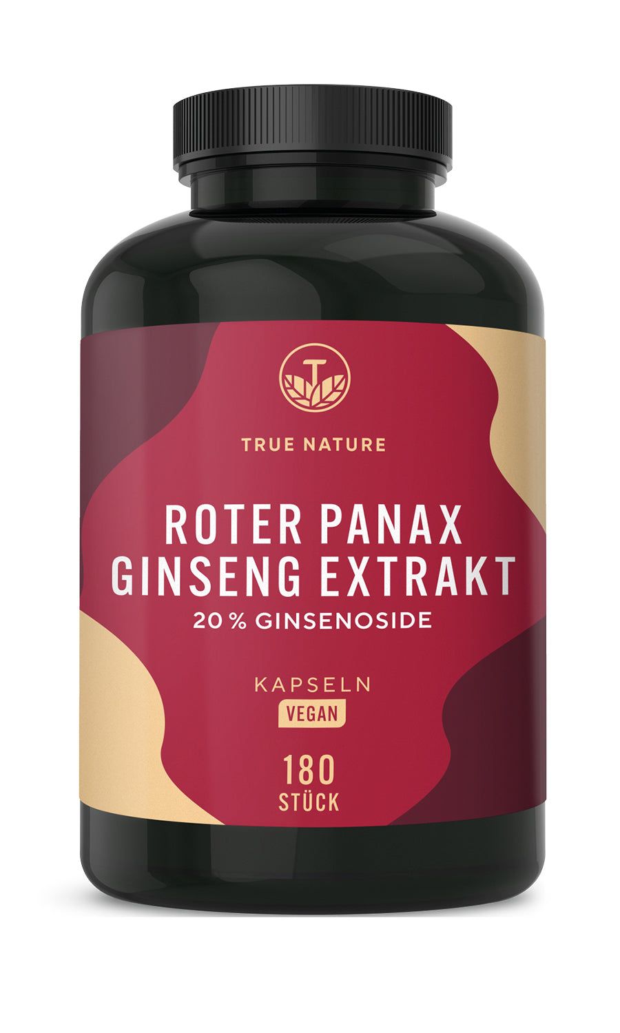 Schwarze Flasche mit rotem Etikett. Text: Roter Panax Ginseng Extrakt, 20% Ginsenoside, Kapseln, 180 Stück. Vegan.