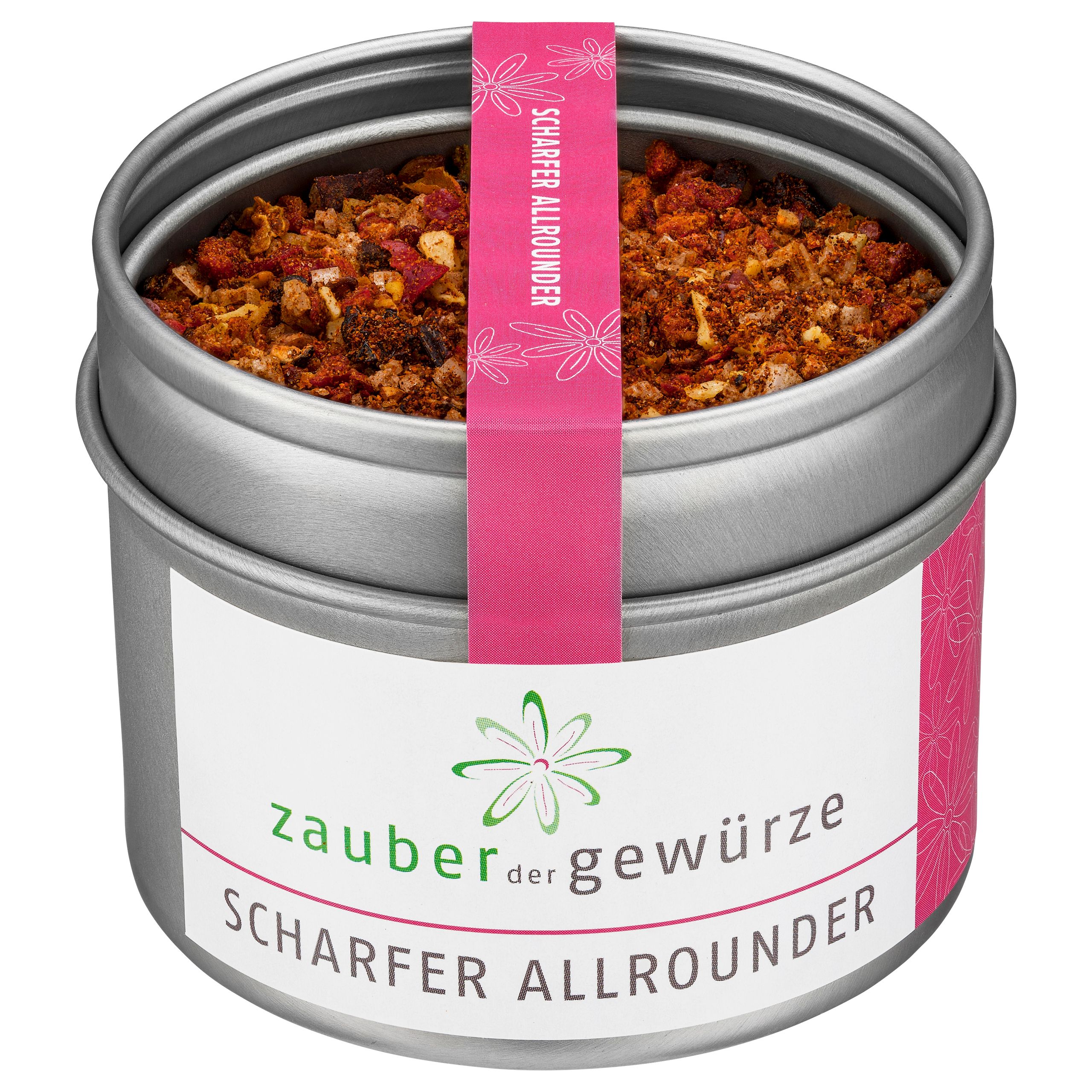 Runde Dose mit Gewürzmischung. Etikett mit "Zauber der Gewürze Scharfer Allrounder". Rosa Band mit Text. Offene Dose.