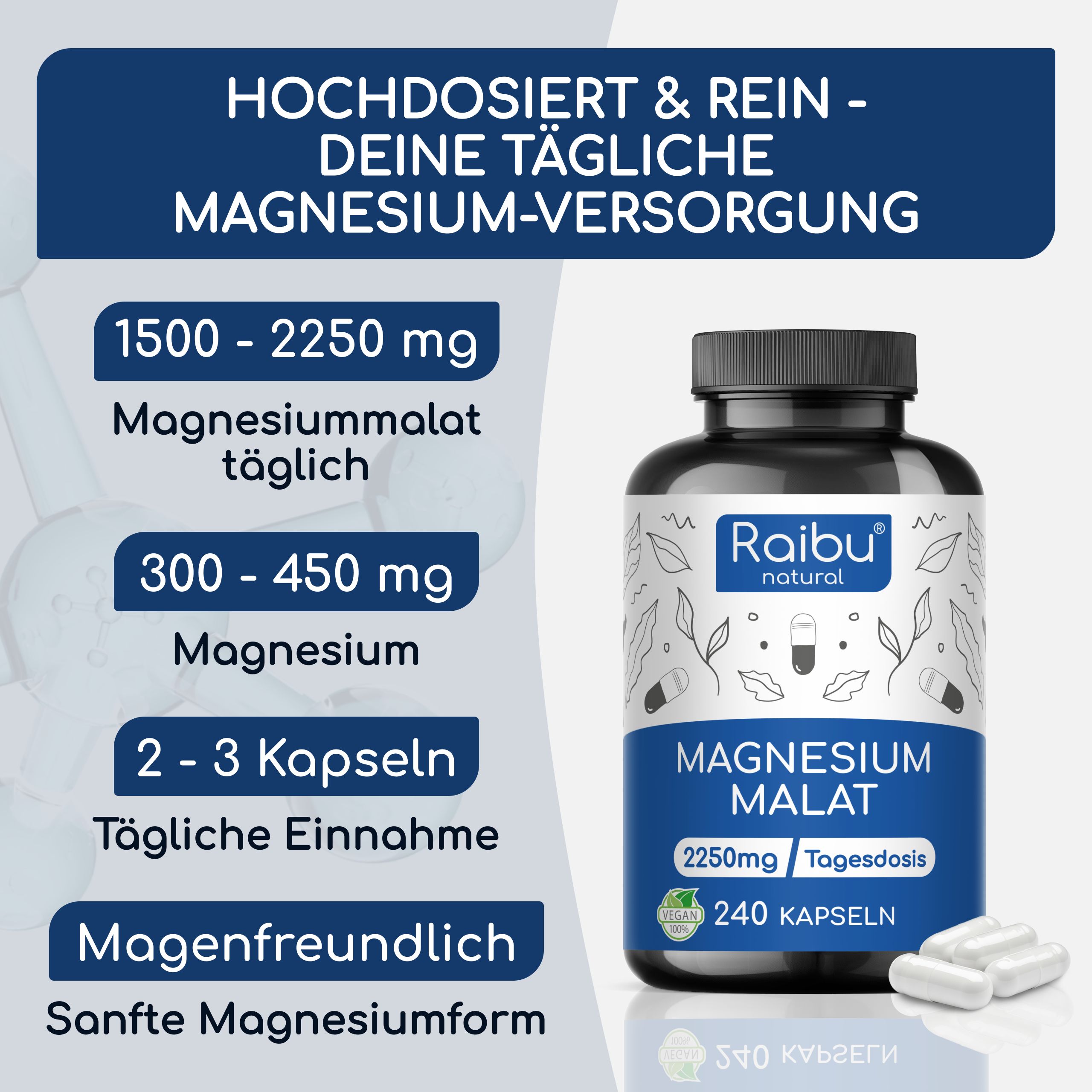 Flasche mit 240 Kapseln Magnesiummalat, Raibu natural. Tägliche Dosis 2250mg.