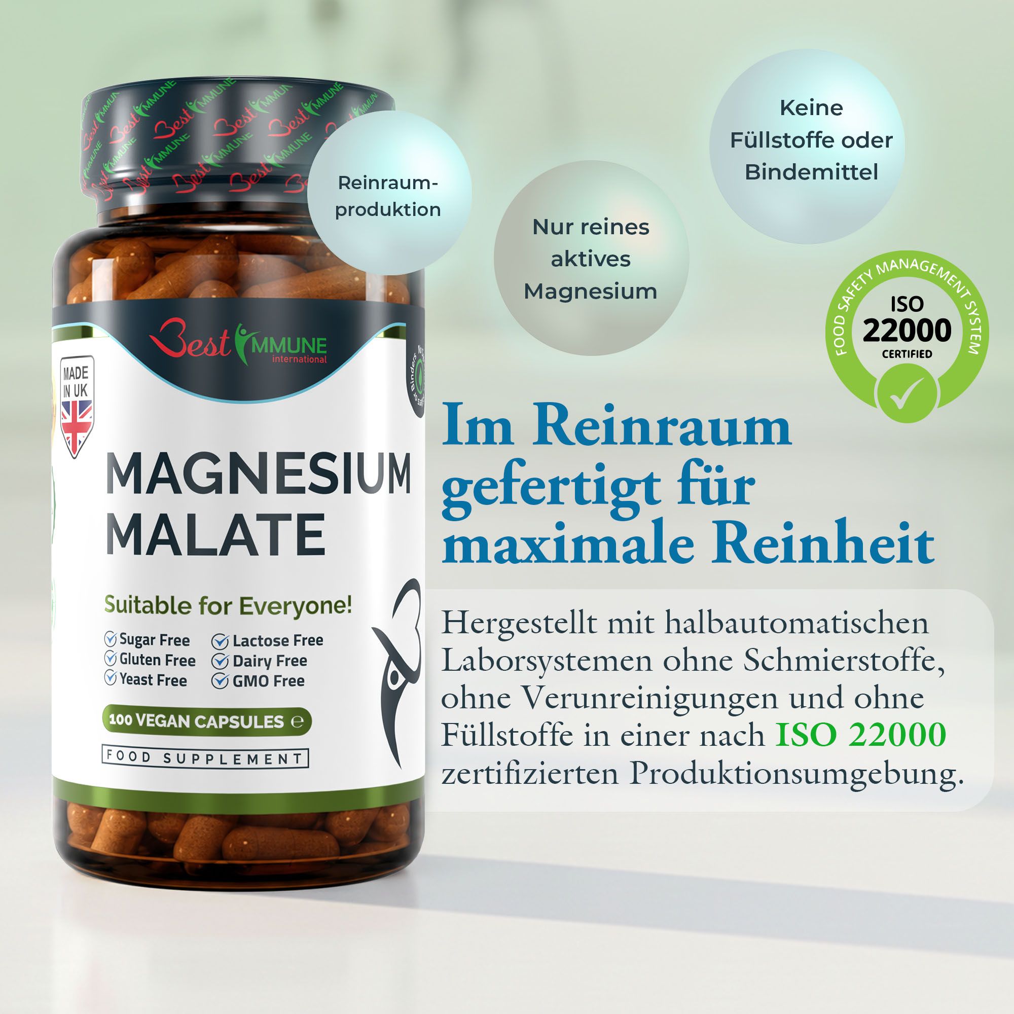 Flasche mit 100 veganen Kapseln Magnesiummalat, hergestellt in Reinraum-Umgebung, ISO 22000 zertifiziert.