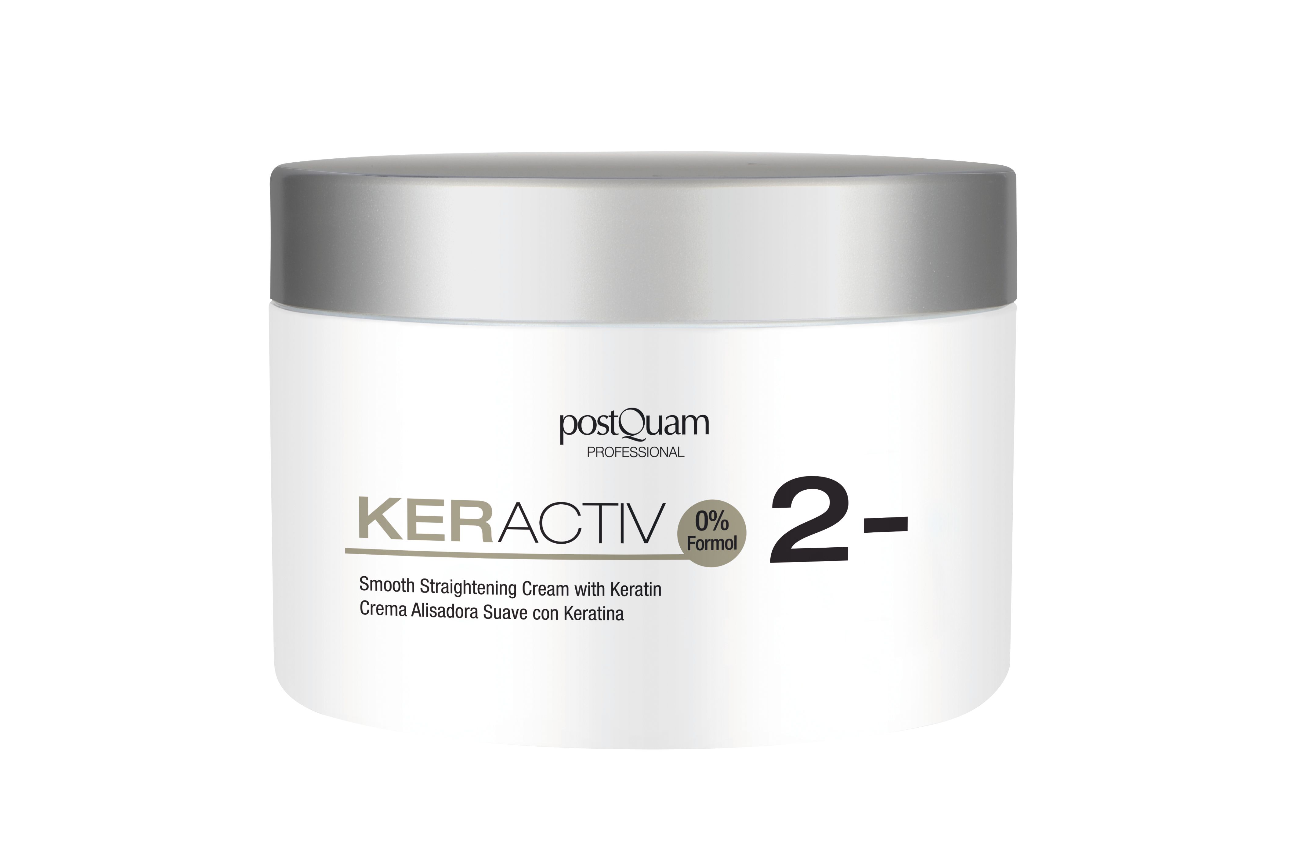 PostQuam Keractiv 2- Glättende Creme mit Keratin, 0% Formaldehyd. Weiße Dose mit silbernem Deckel.