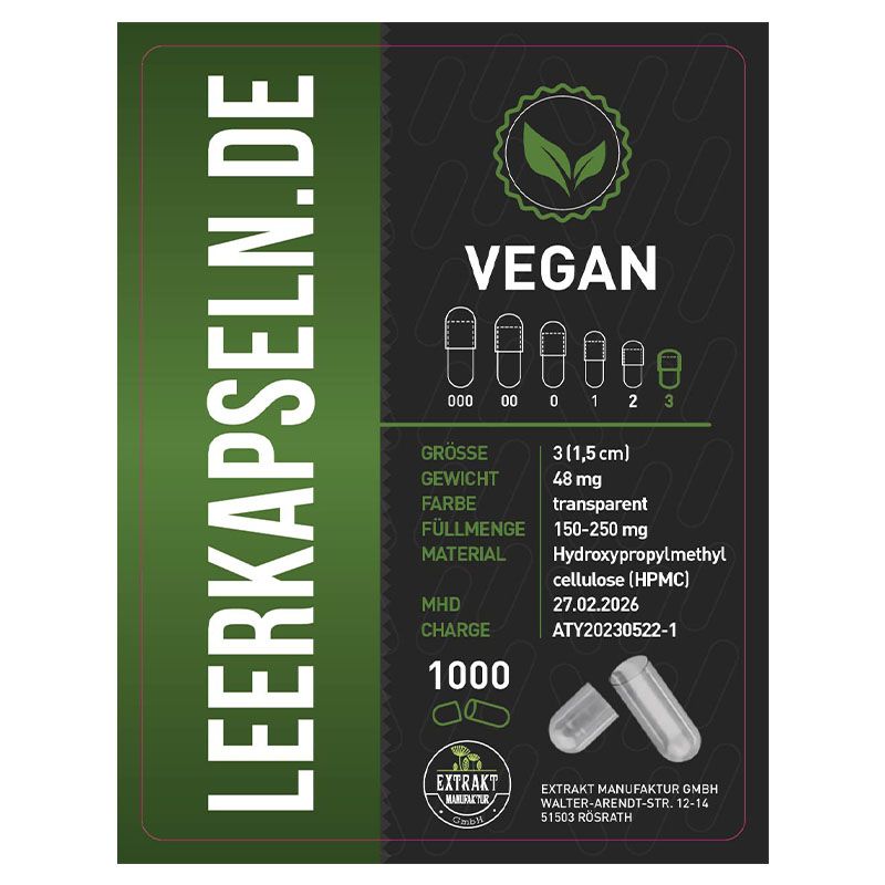 Etikett mit Produktinformationen: VEGAN, Größe 3, 1,5 cm, 48 mg, transparent, 150-250 mg Füllmenge, HPMC, 1000 Stück, Leerkapseln.de.
