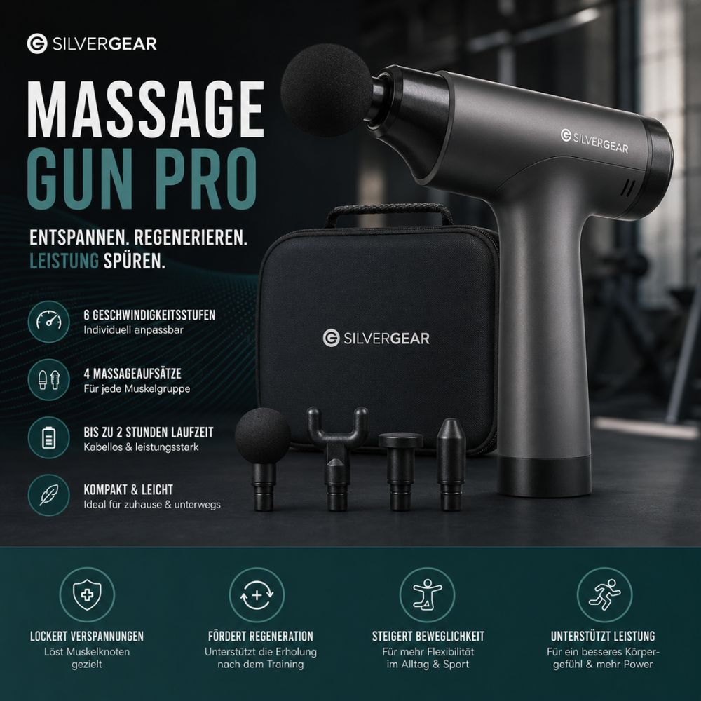 Silvergear Massage Gun Pro – Massagepistole mit 6 Geschwindigkeitsstufen und 4 Aufsätzen