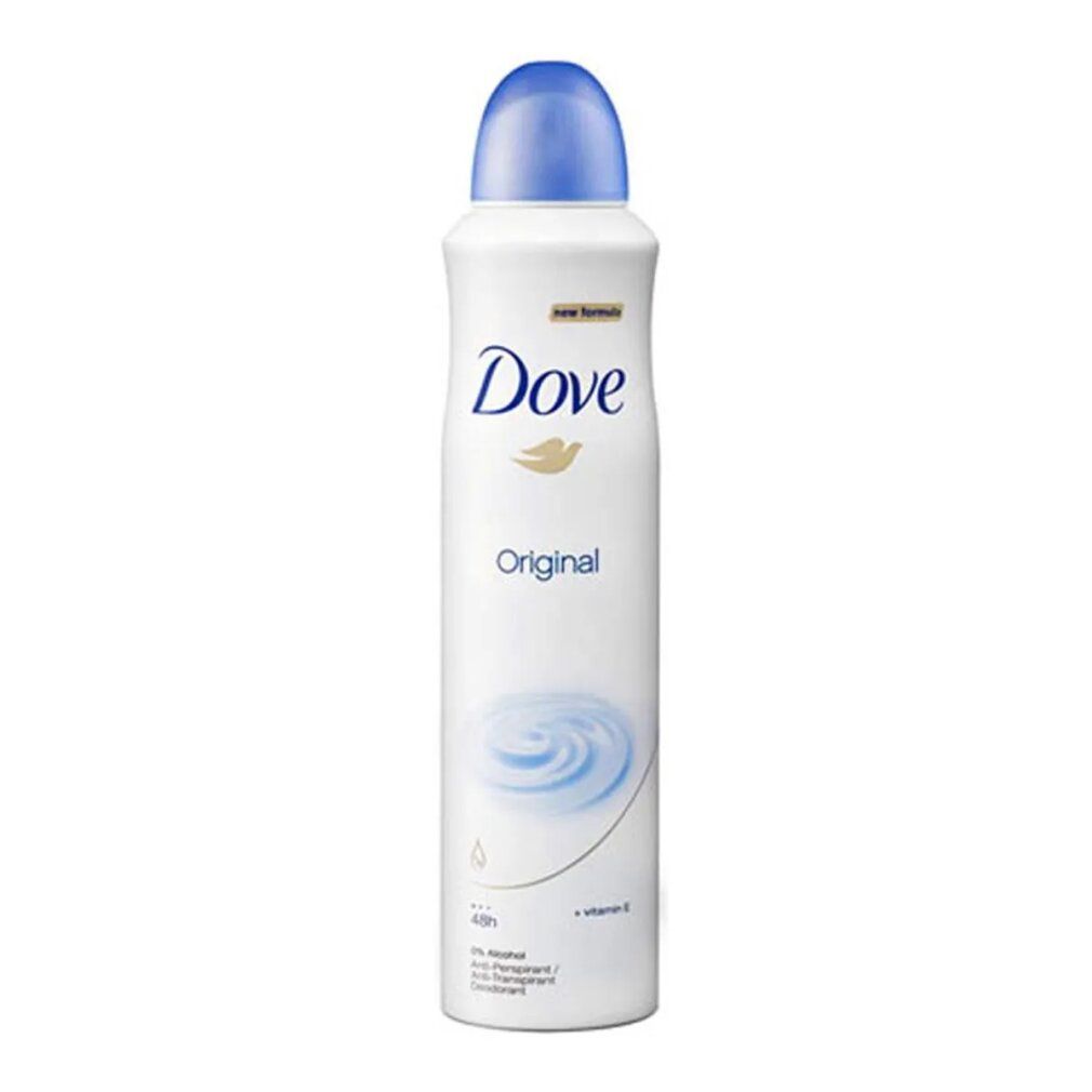 Dove Original Anti-Perspirant Deodorant Spray. Weißes Spray mit blauem Deckel. Dove-Logo und Schriftzug 'Original' sichtbar.
