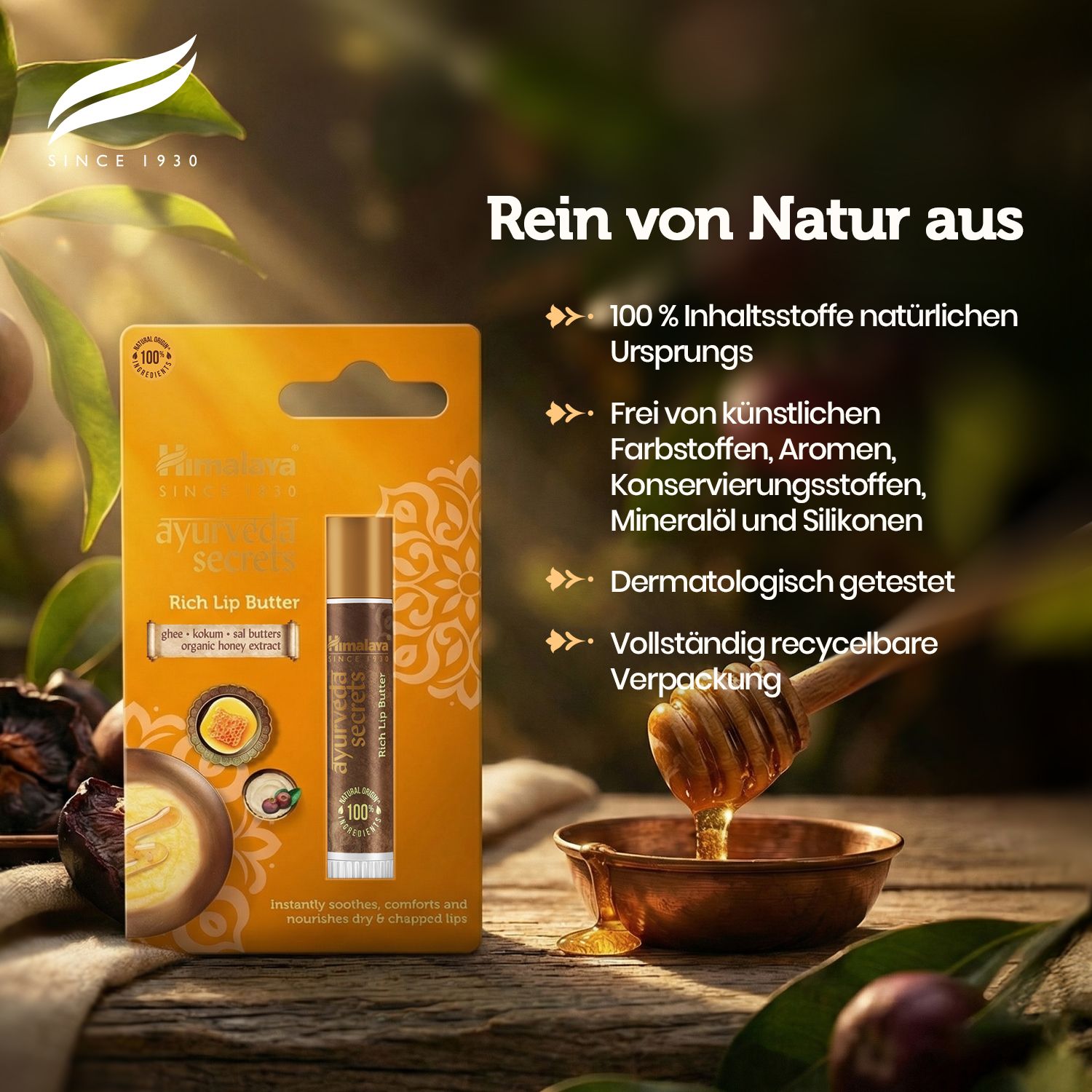 Himalaya Ayurveda Secrets Rich Lip Butter Stick und Tiegel, mit Honig und natürlichen Inhaltsstoffen.