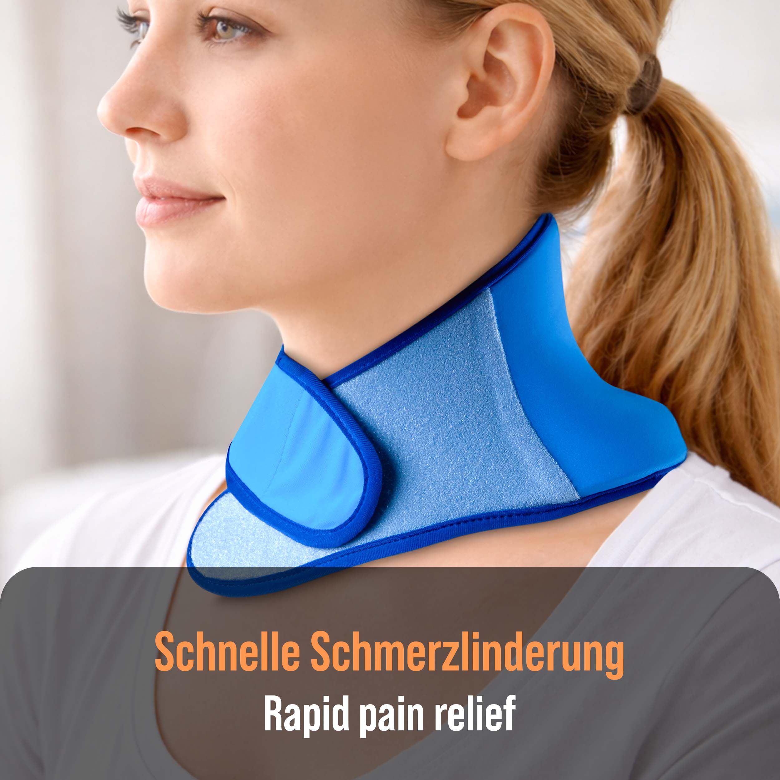 Blaues Nackenkissen am Hals einer Frau. Text: Schnelle Schmerzlinderung.