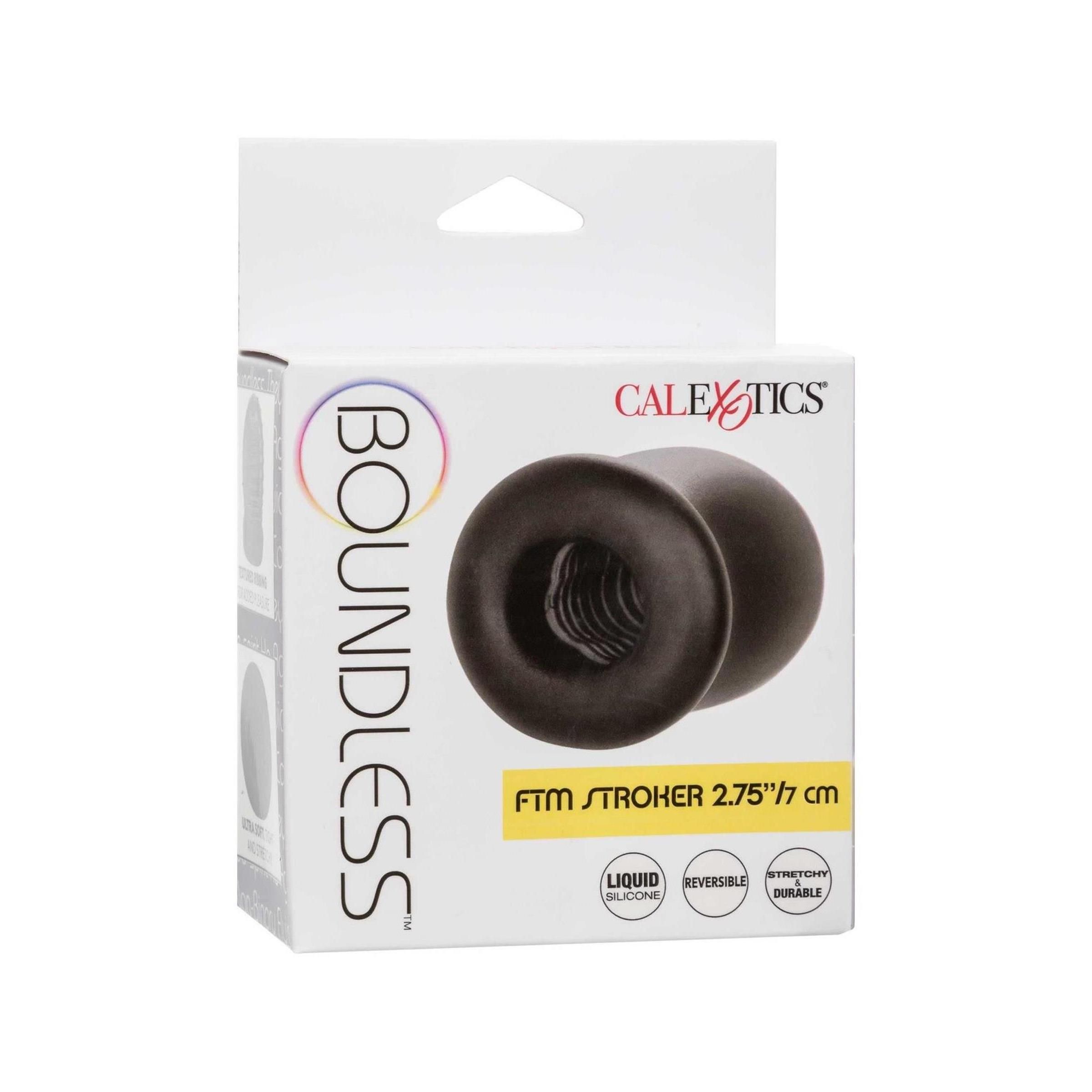 Verpackung mit Produkt. Marke CalExotics, Boundless. FTM Stroker. Schwarzes Produkt sichtbar.