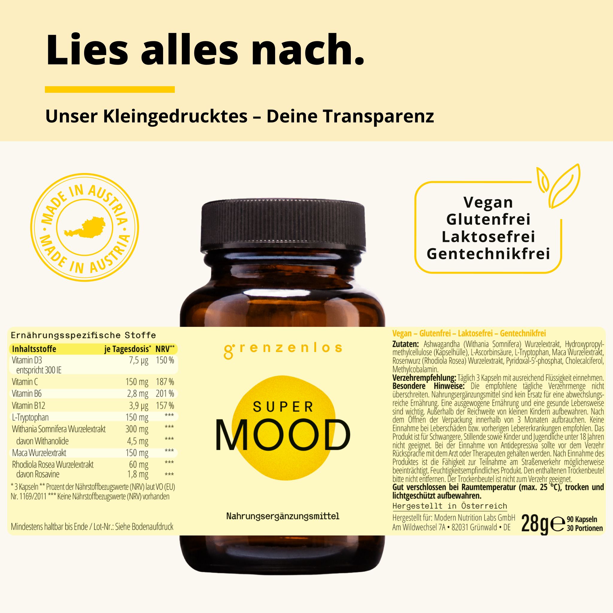 grenzenlos® SUPER MOOD 8-in-1 Stimmung Komplex | Ashwagandha, Rosenwurz & Maca | OHNE Johanniskraut