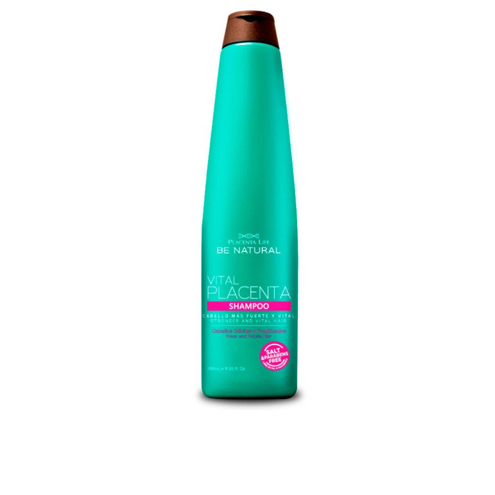 Türkisfarbene Flasche mit braunem Deckel. Aufschrift: Be Natural, Vital Placenta Shampoo. Rosa Etikett mit Text.