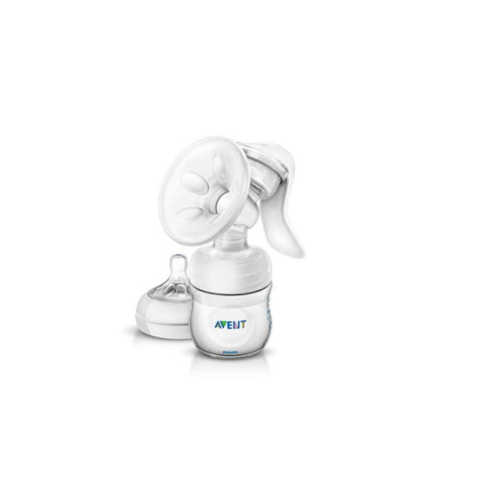 Handmilchpumpe mit Flasche und Sauger. Marke: Philips Avent. Transparente und weiße Kunststoffteile. Auf weißem Hintergrund.