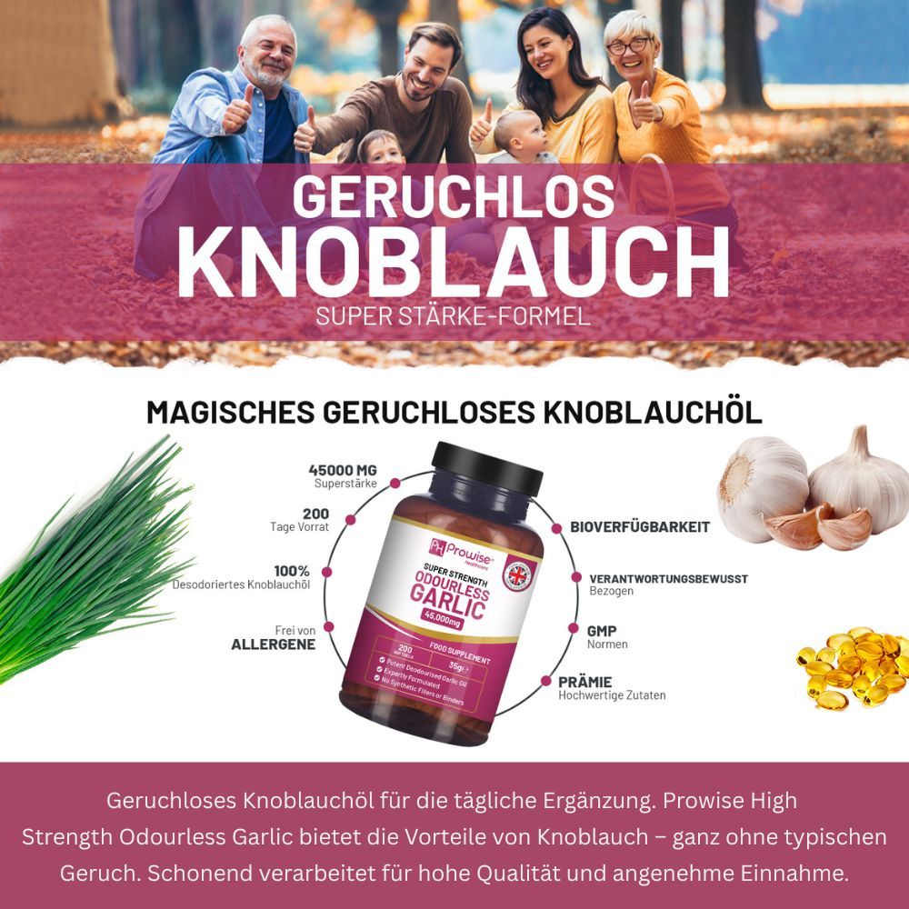 Prowise Odourless Garlic Kapseln, 45.000mg, 200 Stück, für täglichen Gebrauch.