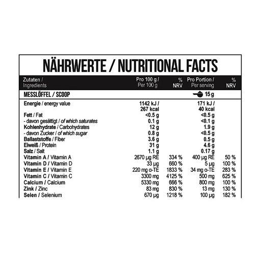 Nahaufnahme der Nährwertangaben auf der Rückseite der MST Flex Pro-Dose. Die Tabelle zeigt detaillierte Informationen über die Nährwerte pro 100g und pro Portion. Enthält Informationen über Energie, Fett, Kohlenhydrate, Eiweiß, Salz und Vitamine.