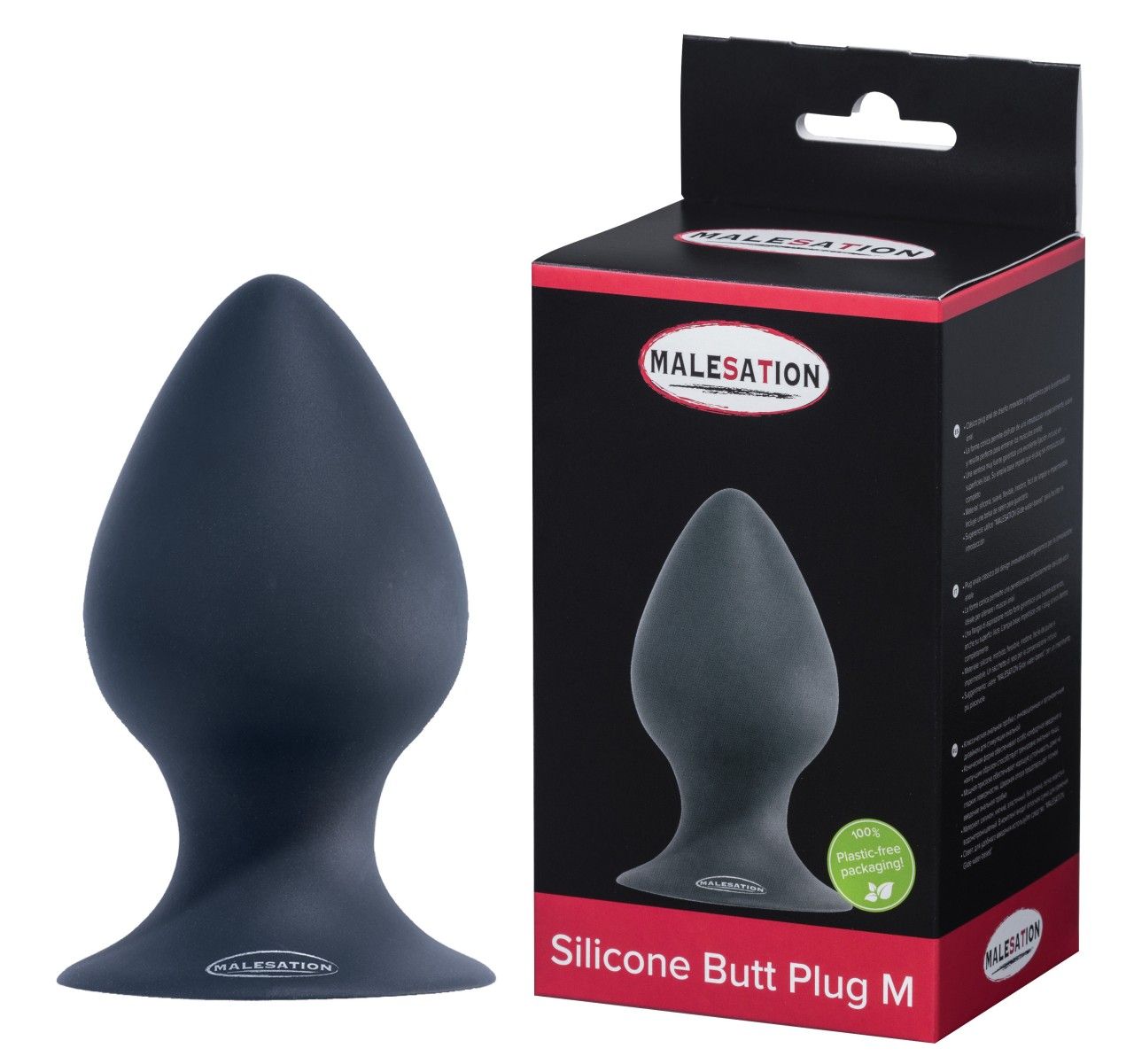 Dunkelblauer Silikon-Butt Plug neben Verpackung. Verpackung mit Produktabbildung und Schriftzug MALESATION Silicone Butt Plug M.
