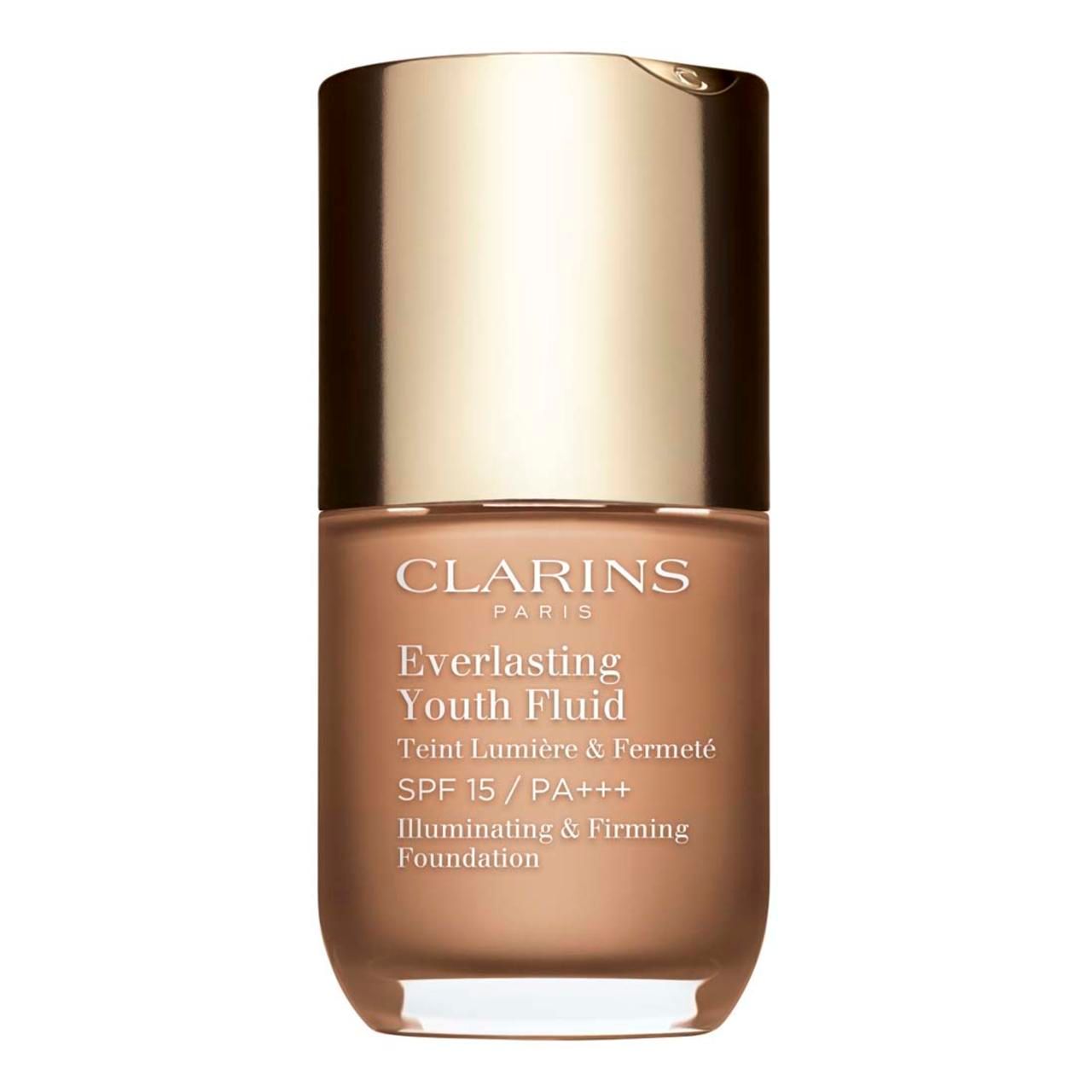 Clarins Everlasting Youth Fluid. Braune Flüssigfoundation mit goldenem Deckel. Text: SPF 15, Illuminating & Firming Foundation.
