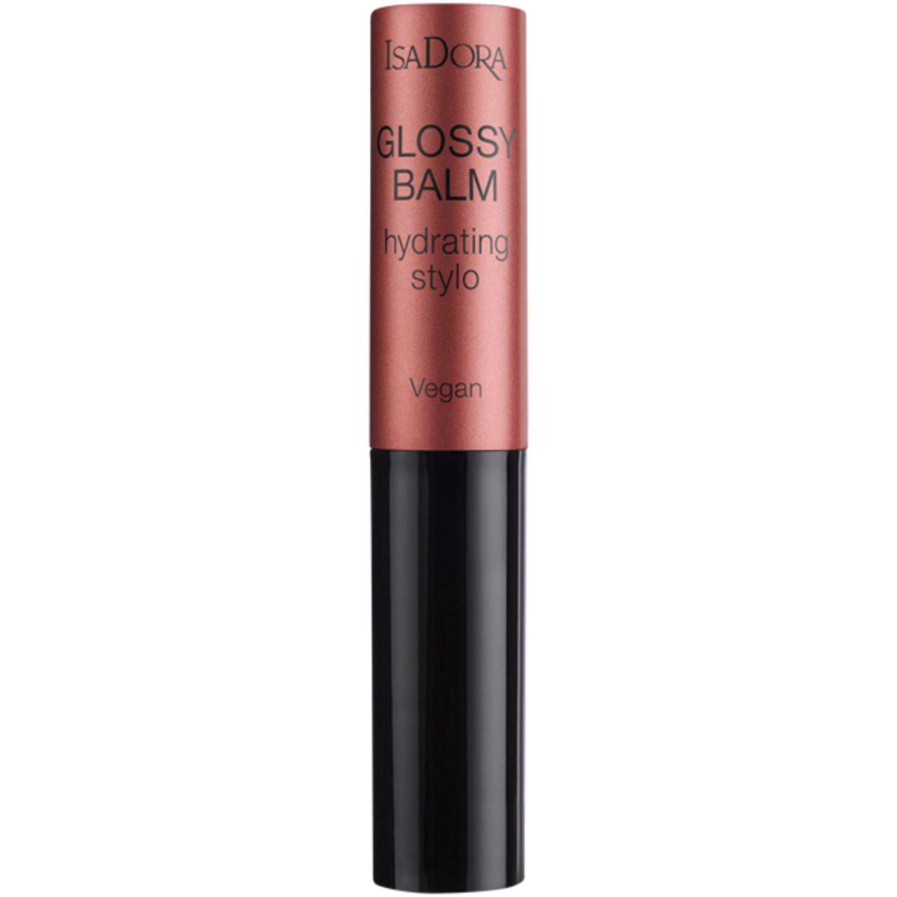 IsaDora Glossy Balm Hydrating Stylo. Rosa-goldene Hülse, schwarzer Boden. Vegan-Label. Text: Glossy Balm, hydrating stylo.