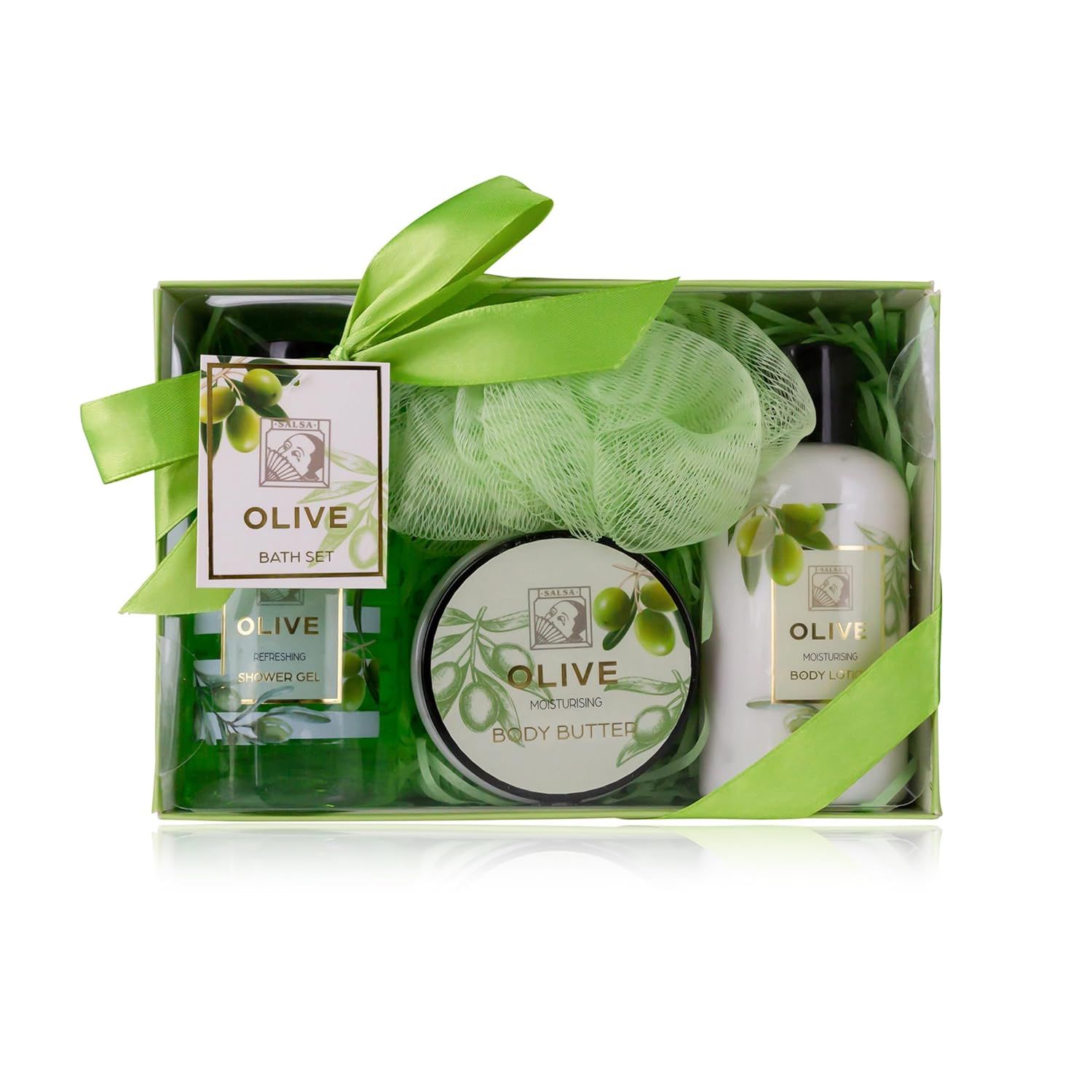 Geschenkbox mit Olive-Duschset. Enthält Duschgel, Bodylotion, Body Butter und Badeschwamm. Grüne Schleife und Etikett.