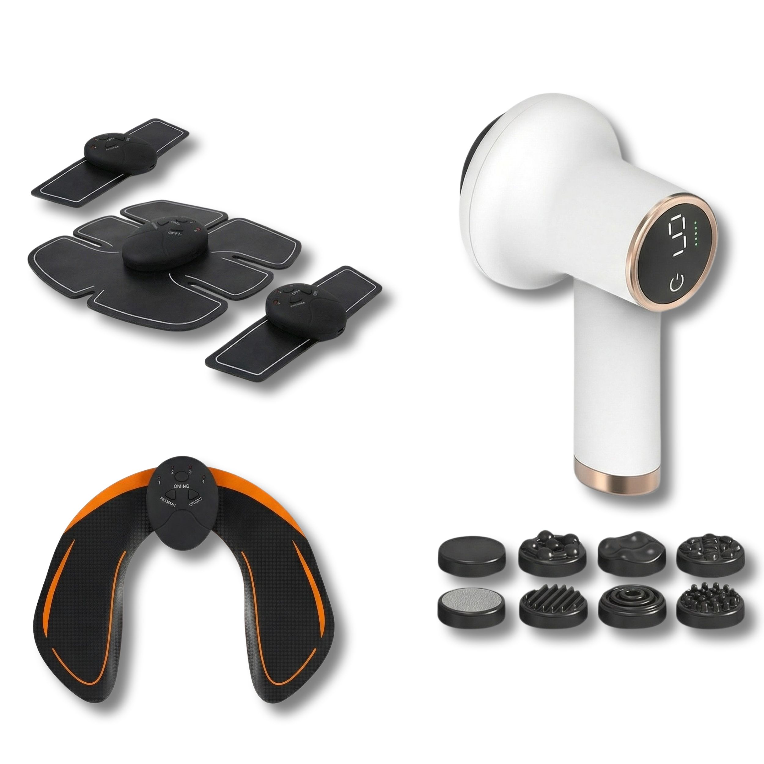 Elektrostimulationsgerät mit Pads und Massageaufsätzen. Verschiedene Formen und Größen.