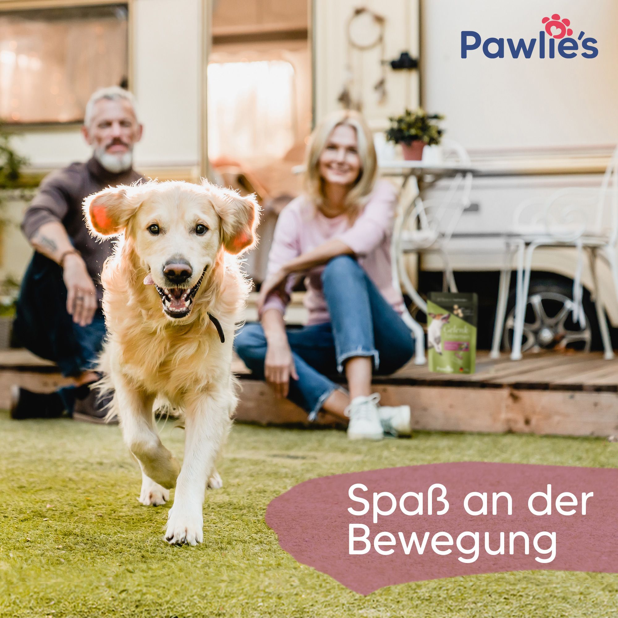 Hund rennt auf Rasen. Text: Spaß an der Bewegung. Im Hintergrund: Wohnwagen, Menschen, Produktverpackung.