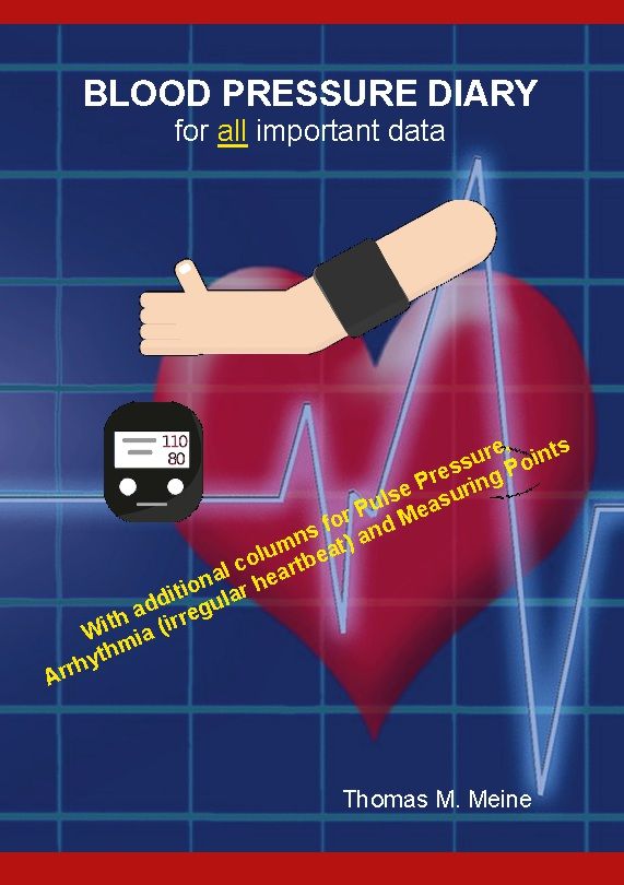 Buchcover mit Titel "BLOOD PRESSURE DIARY". Enthält Illustrationen von Arm, Herz und Blutdruckmessgerät. Text: "für alle wichtigen Daten".