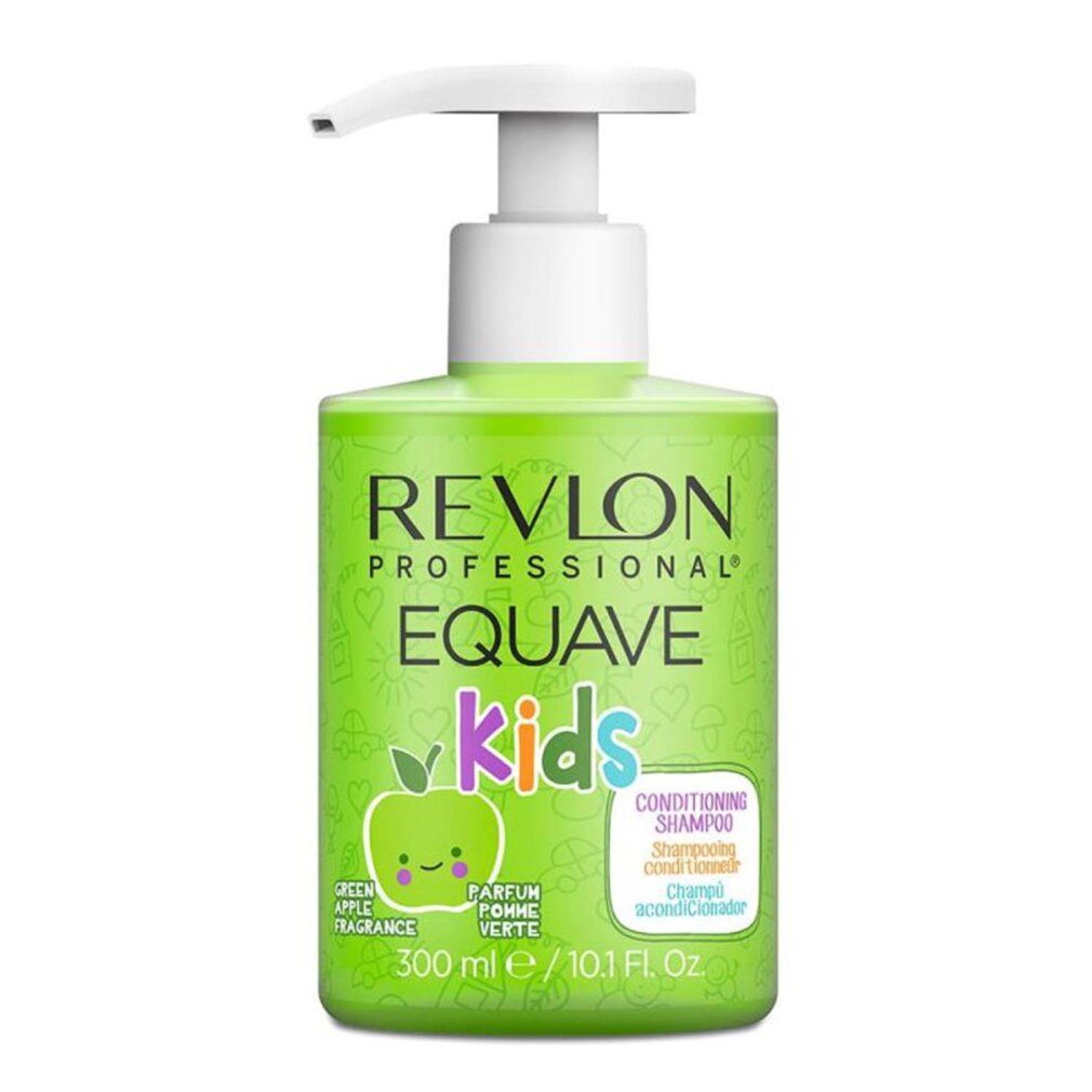 Grüne Shampoo-Flasche mit Pumpe. Aufschrift: Revlon Equave Kids, Apfel-Duft. 300 ml.