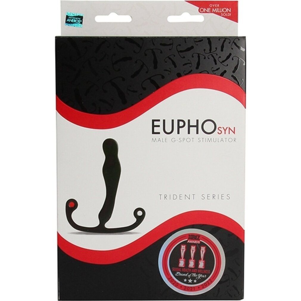 Verpackung für ein Wellness-Produkt. Enthält ein schwarzes, T-förmiges Produkt. Aufschrift: Eupho Syn, Trident Series, Aneros.