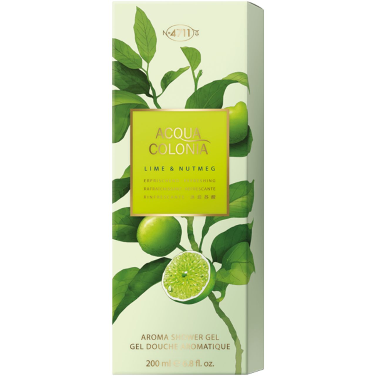 Hohe, grüne Schachtel. Aufschrift: Acqua Colonia Lime & Nutmeg Aroma Shower Gel. Limetten- und Muskatnuss-Illustration.