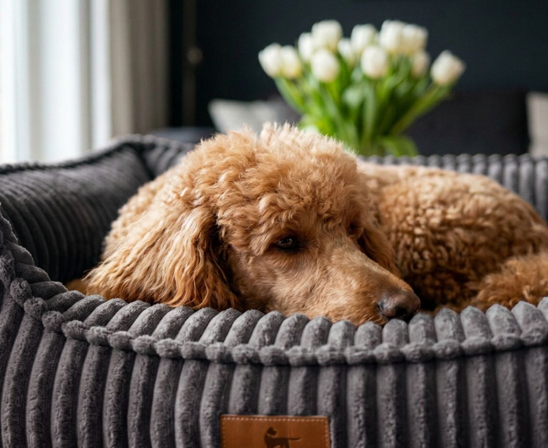Brauner Pudel ruht in einem grauen orthopädischen Hundebett aus Cord.