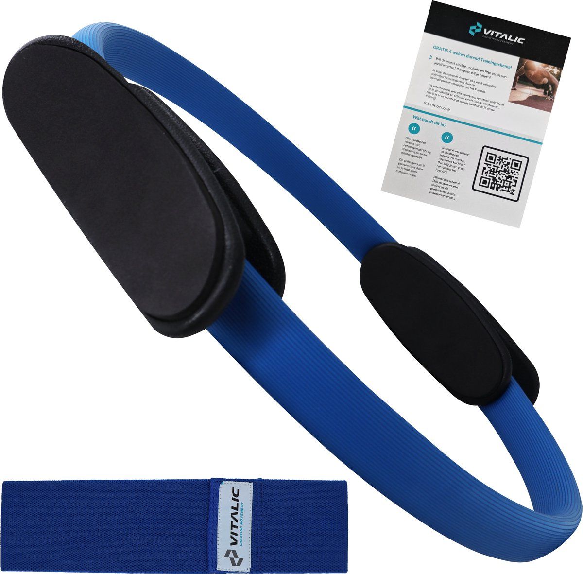 Blauer Pilates-Ring, blaues Widerstandsband und Broschüre. Schwarze Griffe am Ring. VITALIC-Logo.