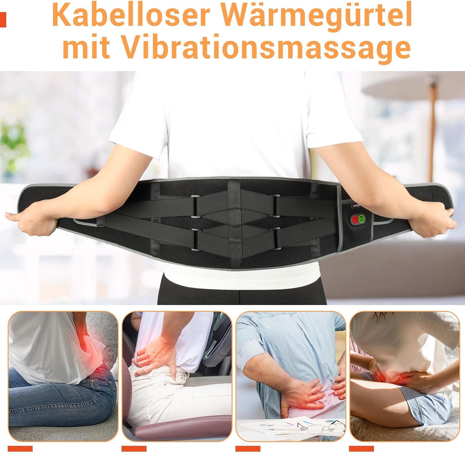Schwarzer kabelloser Heizgürtel mit Vibrationsmassage und vier Darstellungen von Schmerzbereichen.