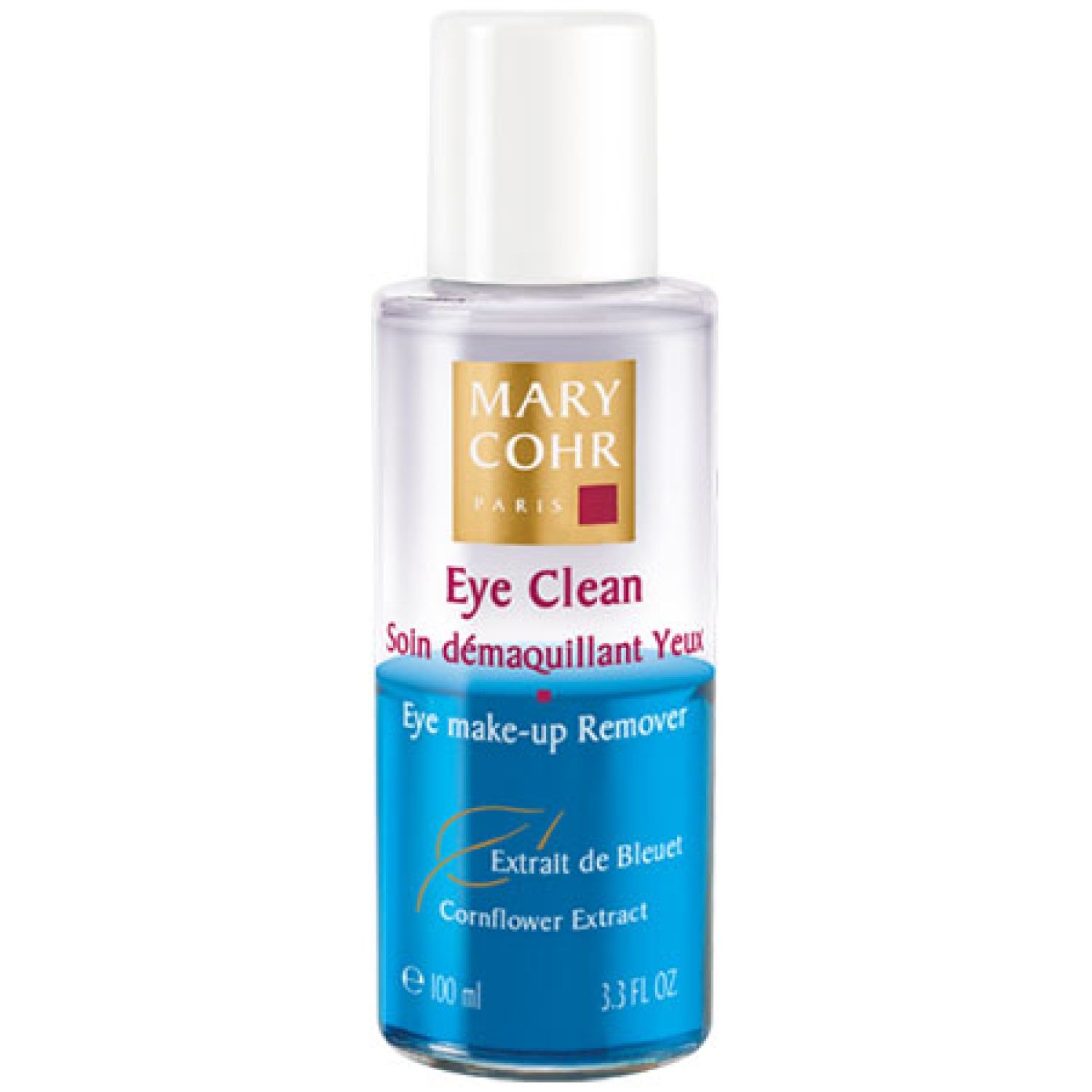Transparente Flasche mit weißem Deckel. Aufschrift: MARY COHR PARIS, Eye Clean, Extrait de Bleuet, 3.3 FL.OZ.