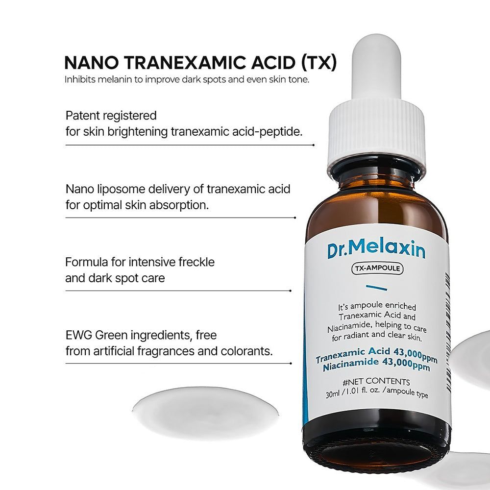 Dr. Melaxin TX Ampulle mit Pipette. Formel für intensive Fleckenpflege mit Tranexamsäure.