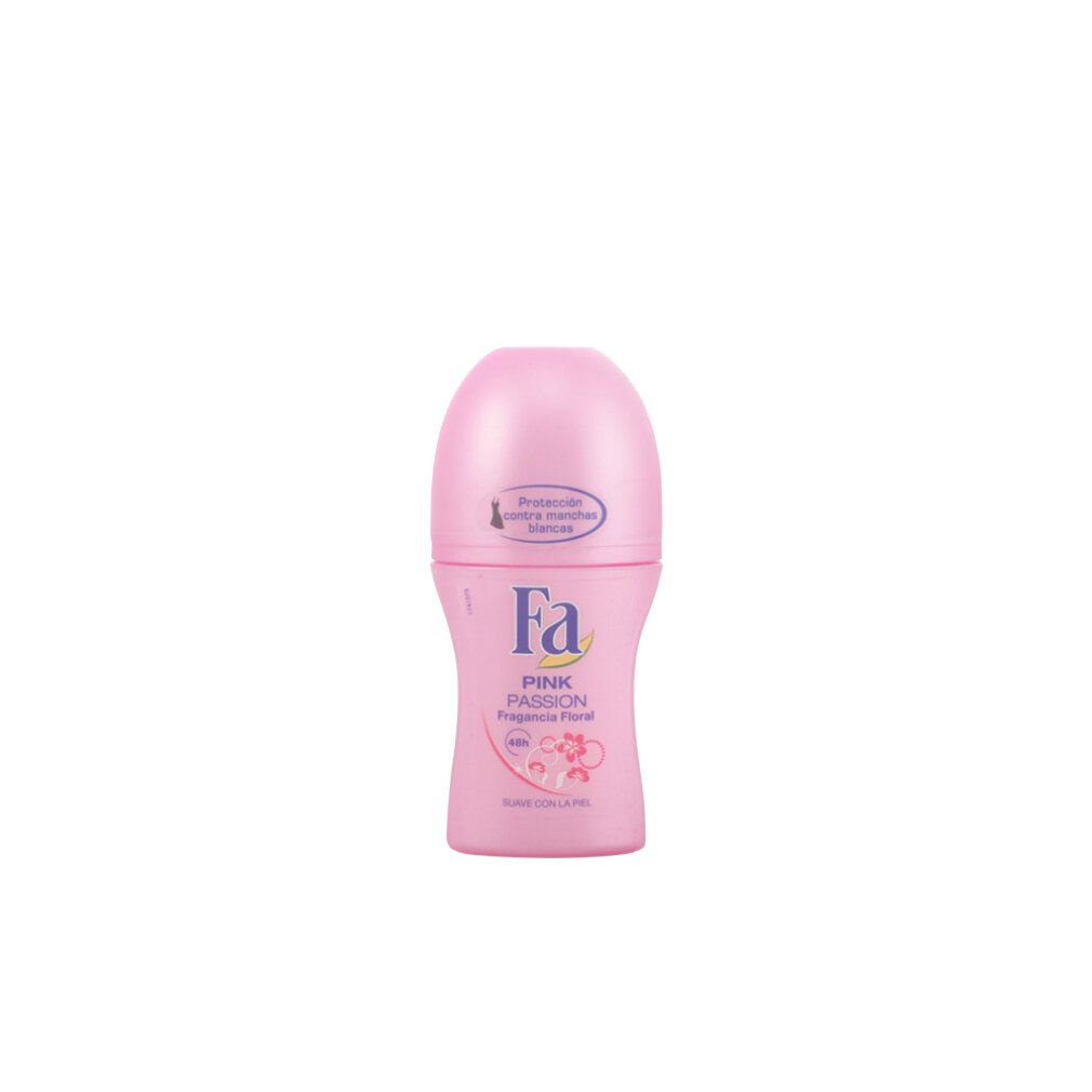 Fa Pink Passion Deo-Roll-on. Rosa Flakon mit pinkem Verschluss und floralem Duft. 48h Schutz.