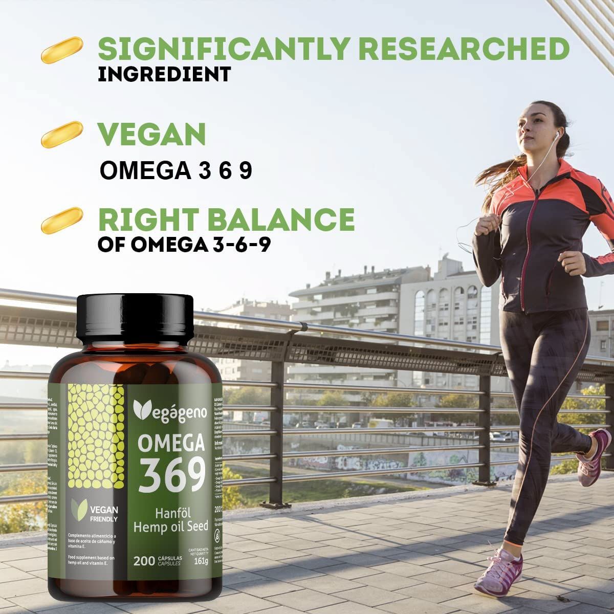 VEGÁGENO Omega 3-6-9 Kapseln, braune Flasche. Aufschrift: Omega 369, Hanföl, 200 Kapseln. Vegan-Siegel. Frau joggt.  3 Kapseln liegen daneben.