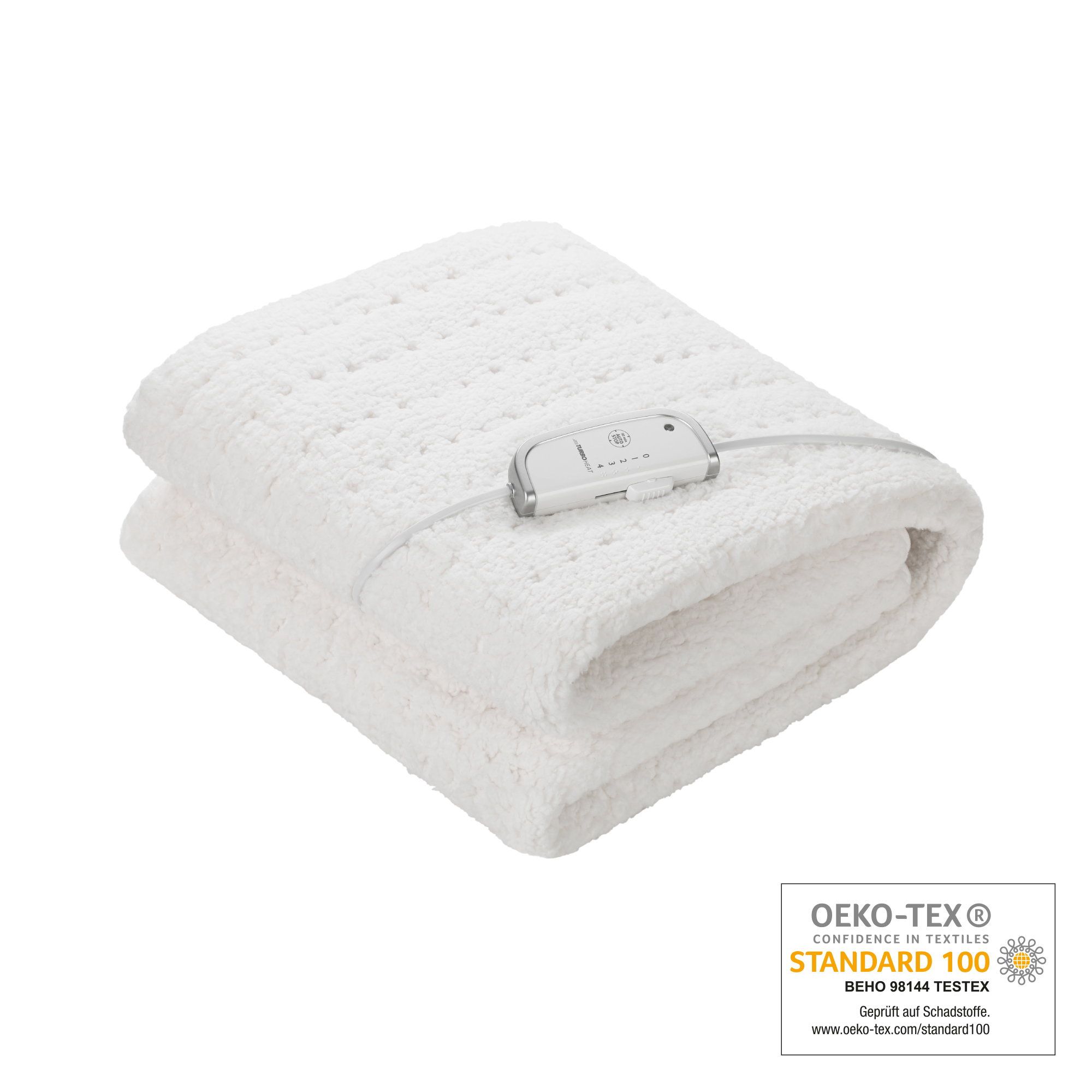 Opgevouwen wit warmtedeken met bedieningselement. Met Oeko-Tex-certificering.