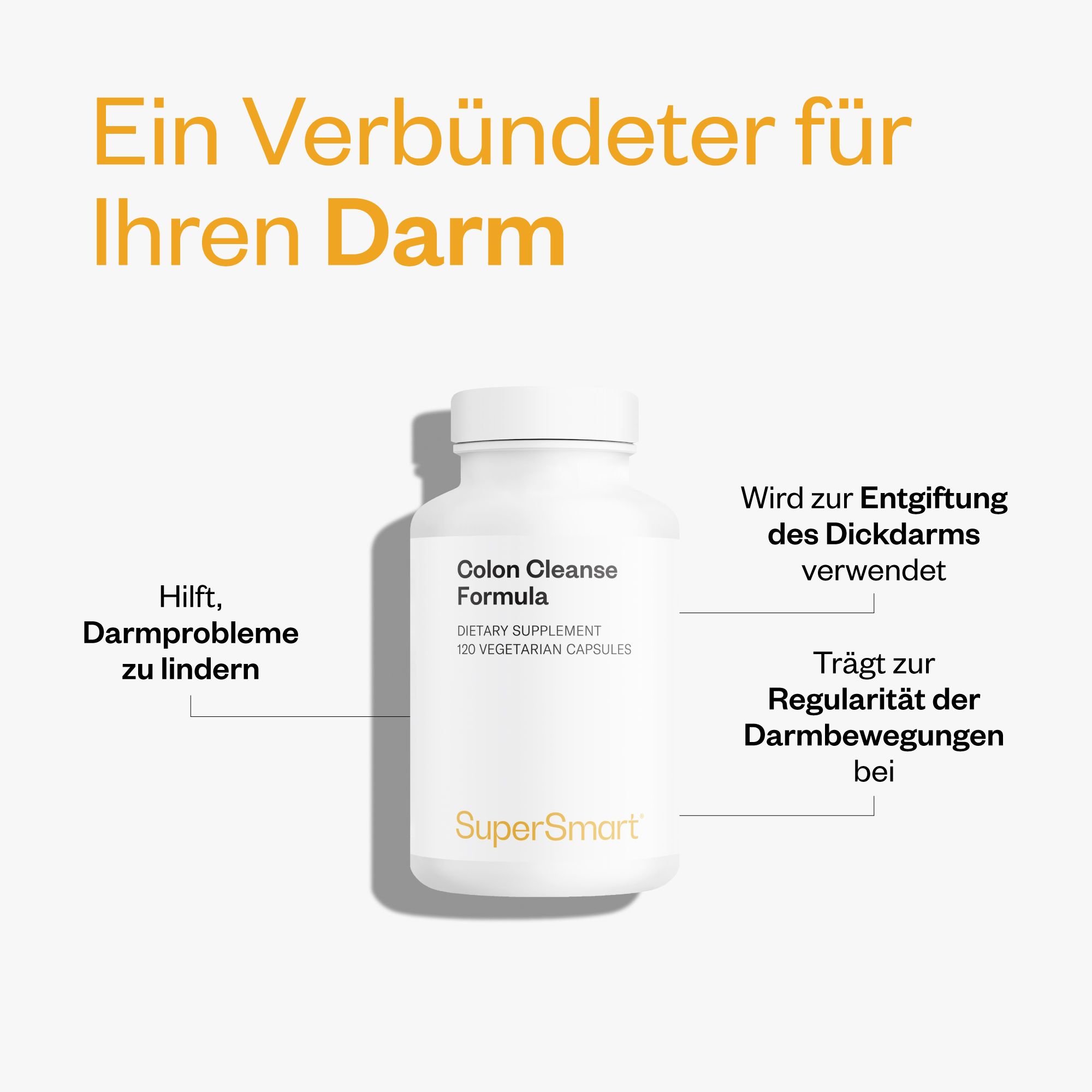 Weiße Flasche mit Colon Cleanse Formula. Text: Dietary Supplement, 120 vegetarische Kapseln. Marke: SuperSmart. Gelbe Akzente.