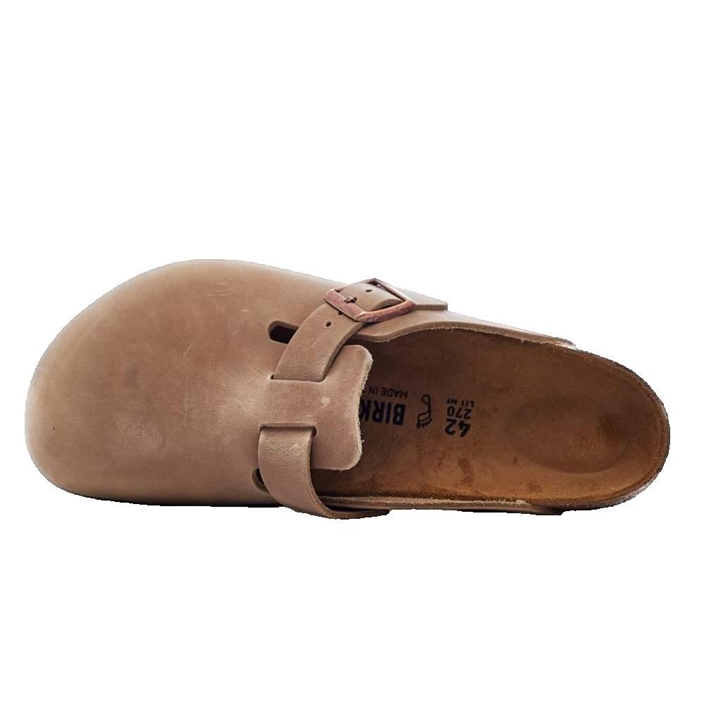 Zoccolo beige, vista dall'alto. Fibbia visibile, plantare in sughero. Taglia 42.