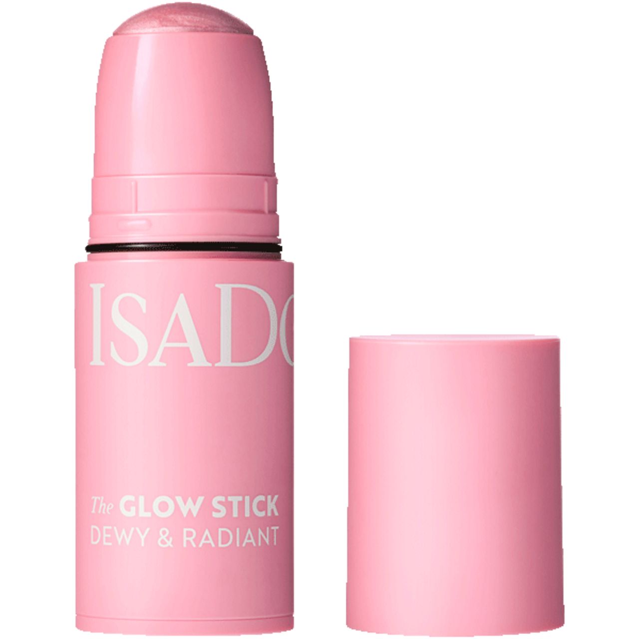 Rosa Glow Stick mit geöffneter Kappe. Aufschrift: IsaDora, The Glow Stick, Dewy & Radiant.